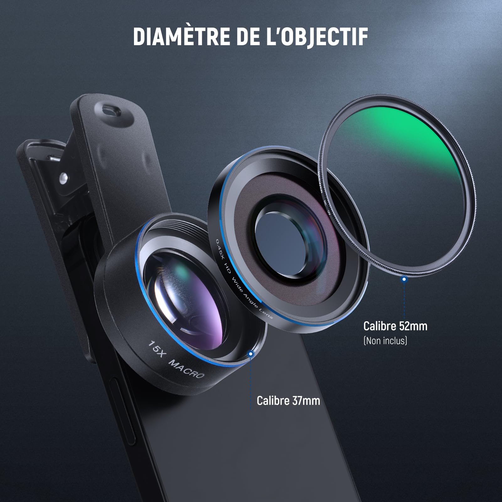 NEEWER BASICS Kit d'accessoires 2 en 1 pour objectif d'appareil photo de téléphone,grand angle HD 0,45x + macro 15x,pince d'objectif 37 mm,compatible avec iPhone,Samsung et Android,LS-67