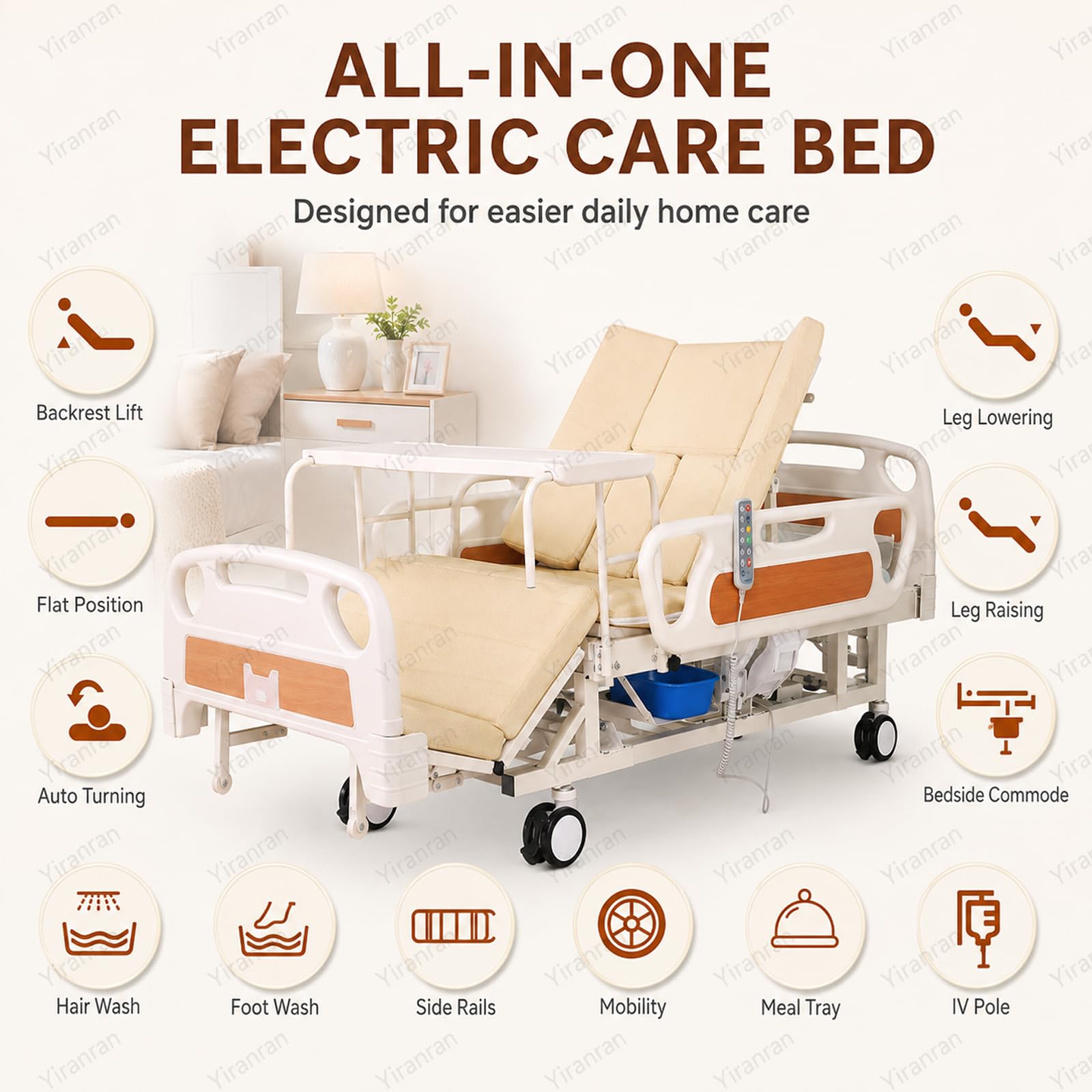 Letto Medico Completamente Elettrico Per Uso Domestico, Letto Ospedaliero Elettrico Con Sollevamento, Telecomando, Funzione Di Rotazione Laterale Temporizzata, Sedia Comoda, Sponde Laterali,