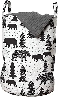 Lunarable Forest Laundry Bag, Doodle Woodland Grizzly Bears Pine Trees Winter Foliage Scandinavian, Hamper Basket with Handles Drawstring Closure for Laundromats, 13" x 19", Grey Charcoal