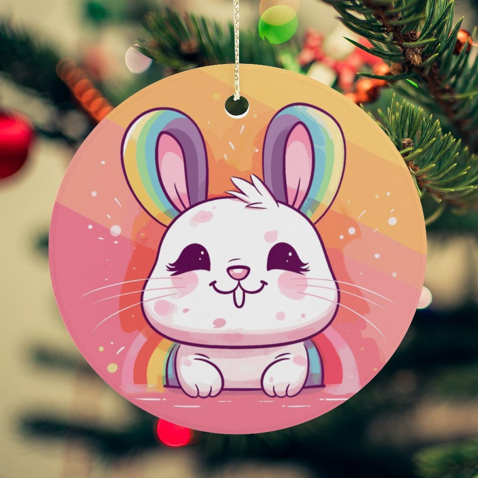 Chubby Rabbit Christmas Ornament for Christmas Tree Ceramic Round Ornament Winter Holiday Keepsake Gift 2.7" Christmas Tree Hanging Decorations Circle Ceramic Pendant Xmas Gift