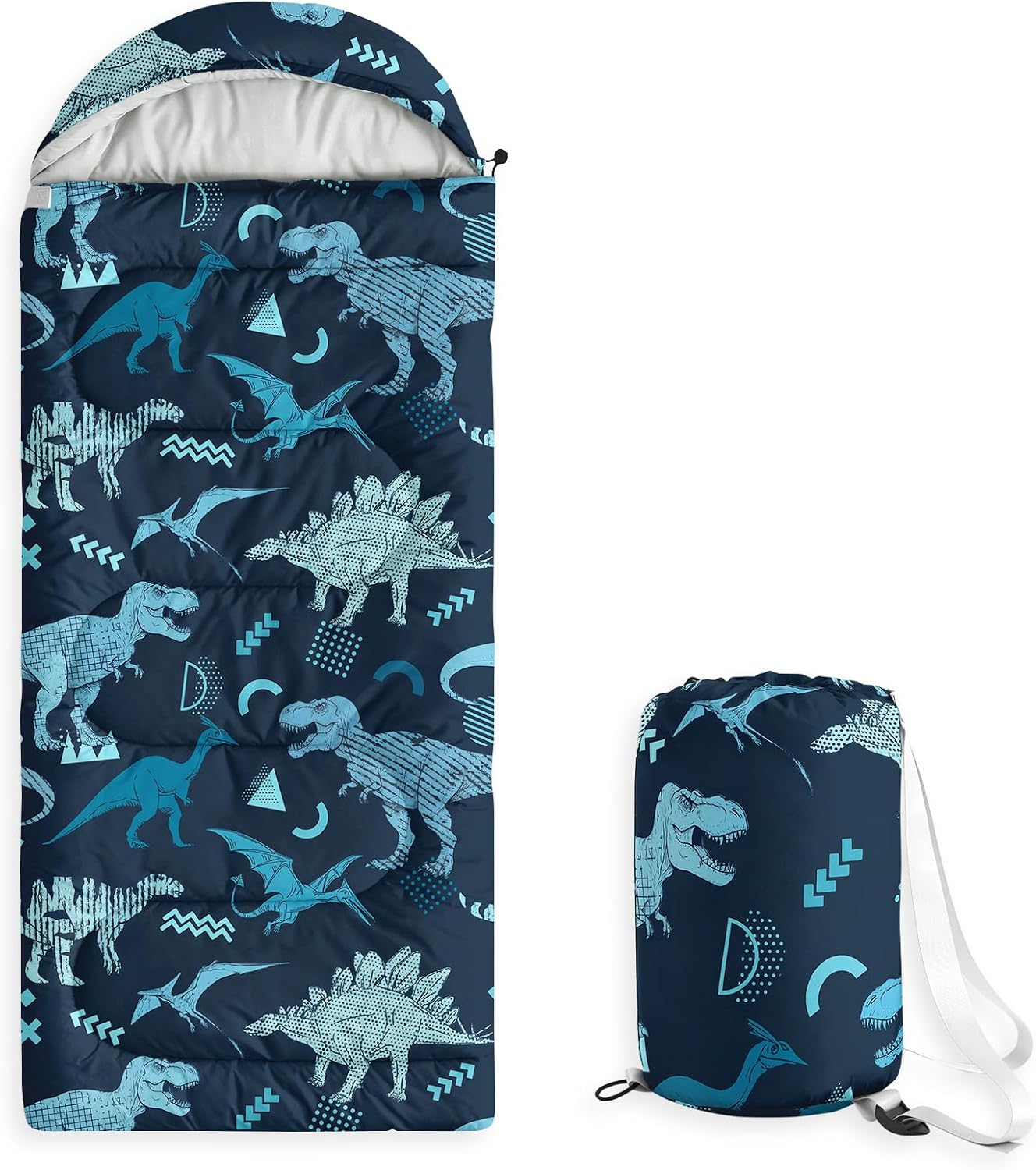 Wake In Cloud - Kids Sleeping Bag for Boys Toddlers, Camping in Warm Cold Weather, Backpacking Lightweight Compact Outdoor Liner for 3 Seasons, Colorful Dinosaur Graffiti