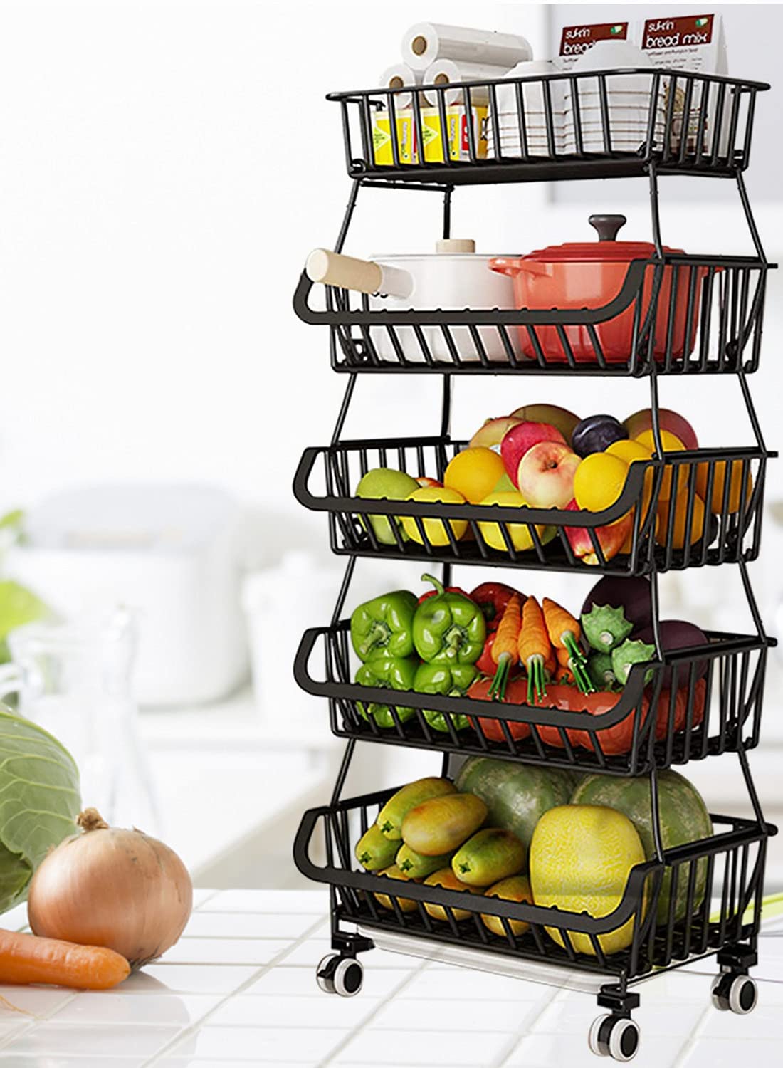 OKZEST5 Tier Fruit Vegetable Baskets Rack, Kitchen Metal Wire Storage Organizer Baskets Produce Bin Storage Rack Shelf with Lockable Casters, Stackable Vegetable Storage bins Rolling Utility Ca