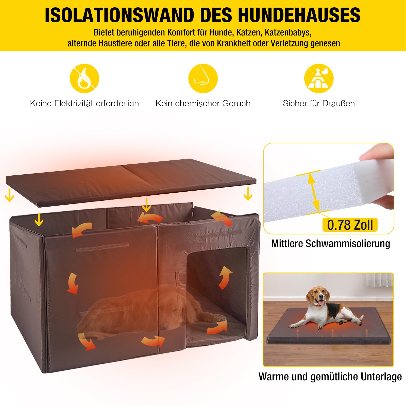Aivituvin Außen Hundehaus mit isolierter Futterung, wasserdichter extra groß Hundekennel für den Winter, geeignet für kleine, mittlere und große Hunde, mit Stahlrahmen (Braun)