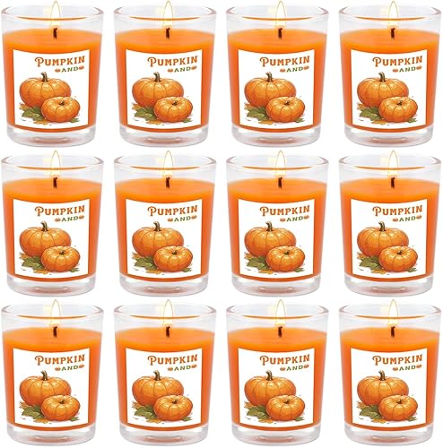 Juego de 12 velas votivas de vidrio con aroma a calabaza, aroma cálido de otoño, perfectas para decoración del hogar, Acción de Gracias y fiestas de