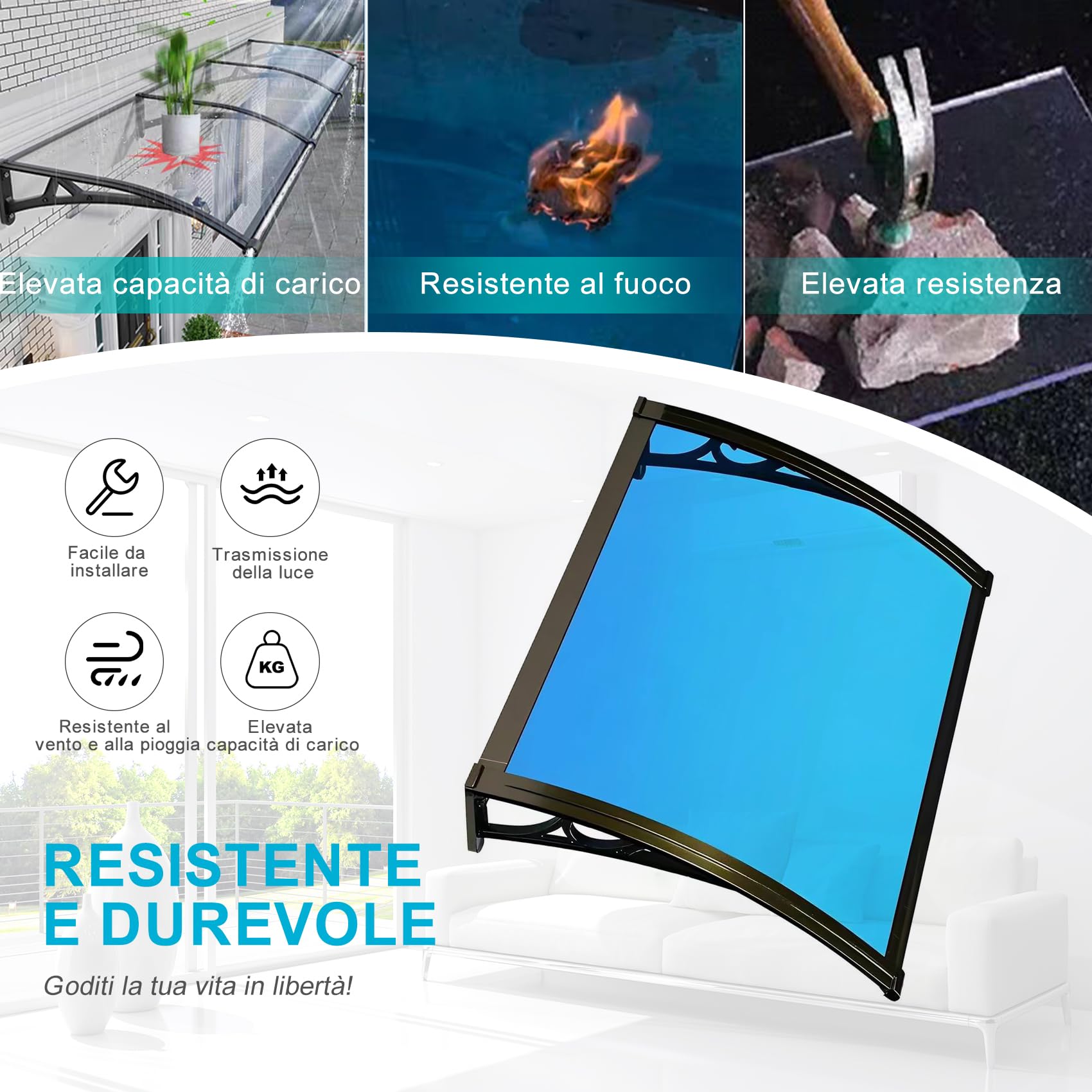 Pensilina Tettoia Silenziosa per Porta Finestra d’Ingresso – Copertura in Policarbonato Trasparente – Antipioggia, Antineve e Anti-UV Ideale per Giardino e TerrazzoW*L:80 * 200cm