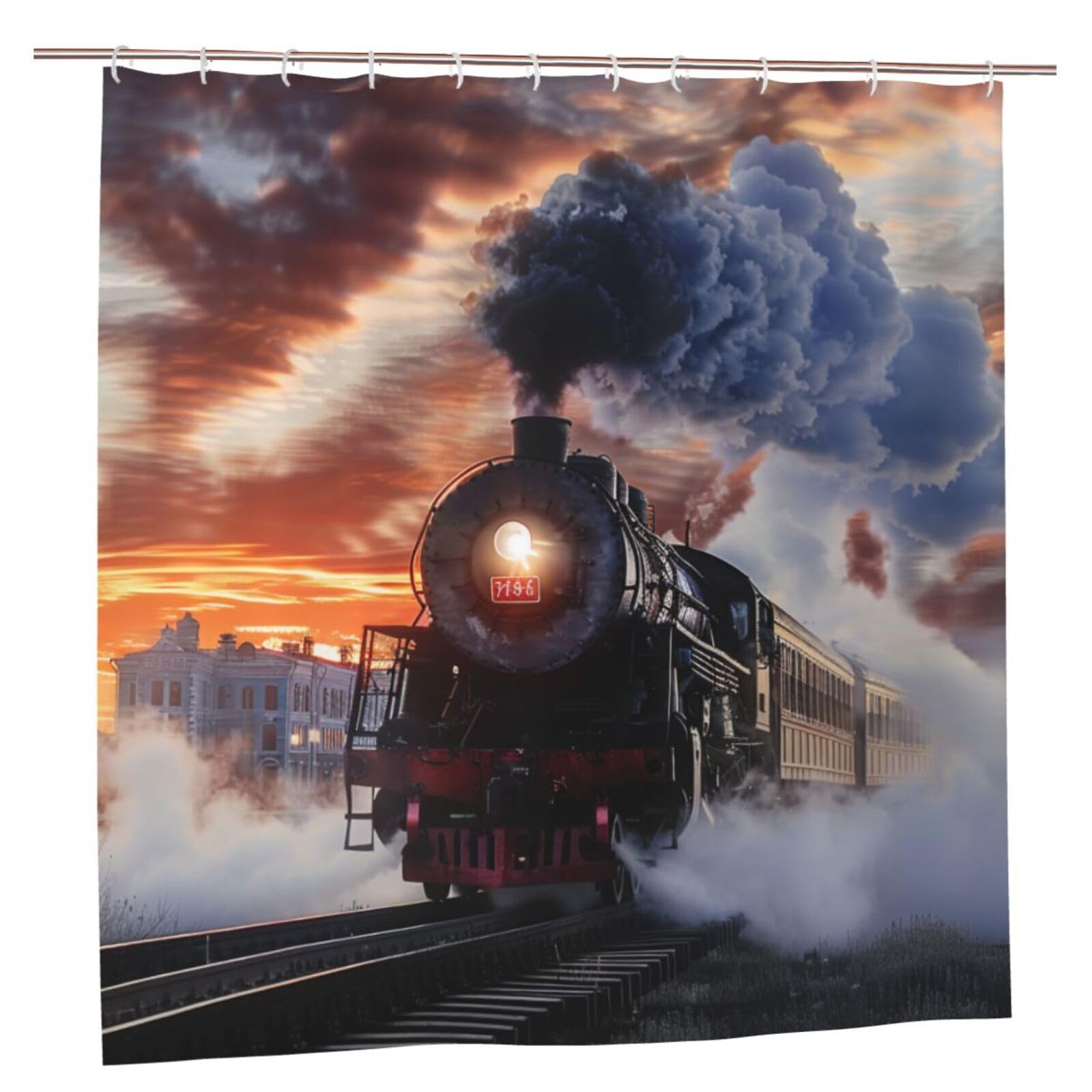 BWWHCCTI Steam Train Depart Sunset Printed Shower Curtain With 12 Plastic Hooks Opaque Quick Drying Waterproof Shower Curtains Sets For Bathroom 183x183 CM
