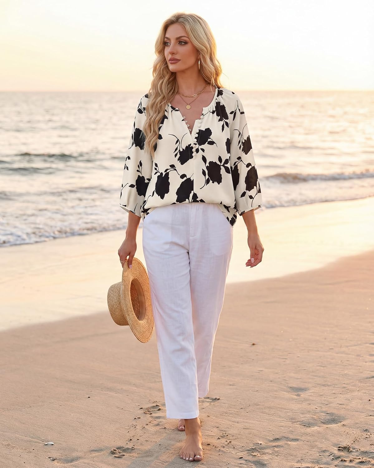 Womens Blouses Dressy Casual V Neck 3/4 Sleeve Tops Fashion Boho Chiffon Button Down Shirts - Image 5