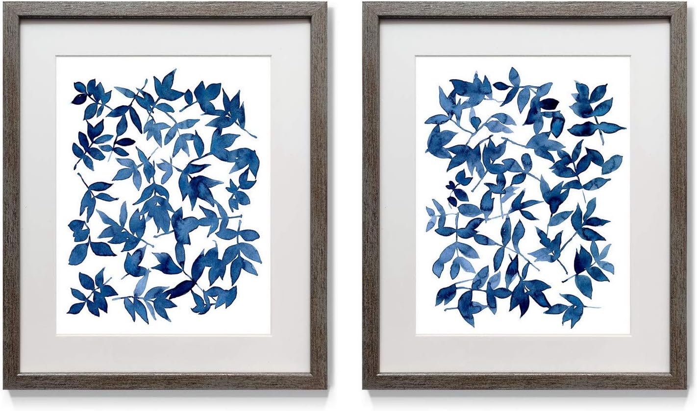 Renditions Gallery Indigo Fallen Leaves II Framed Artwork Set, Colorful Botanical, Peaceful Flower Art, Dark Blue, Distressed Silver Frame, White Mat & Plexiglass, 16 in W X 20 in H, Made in America