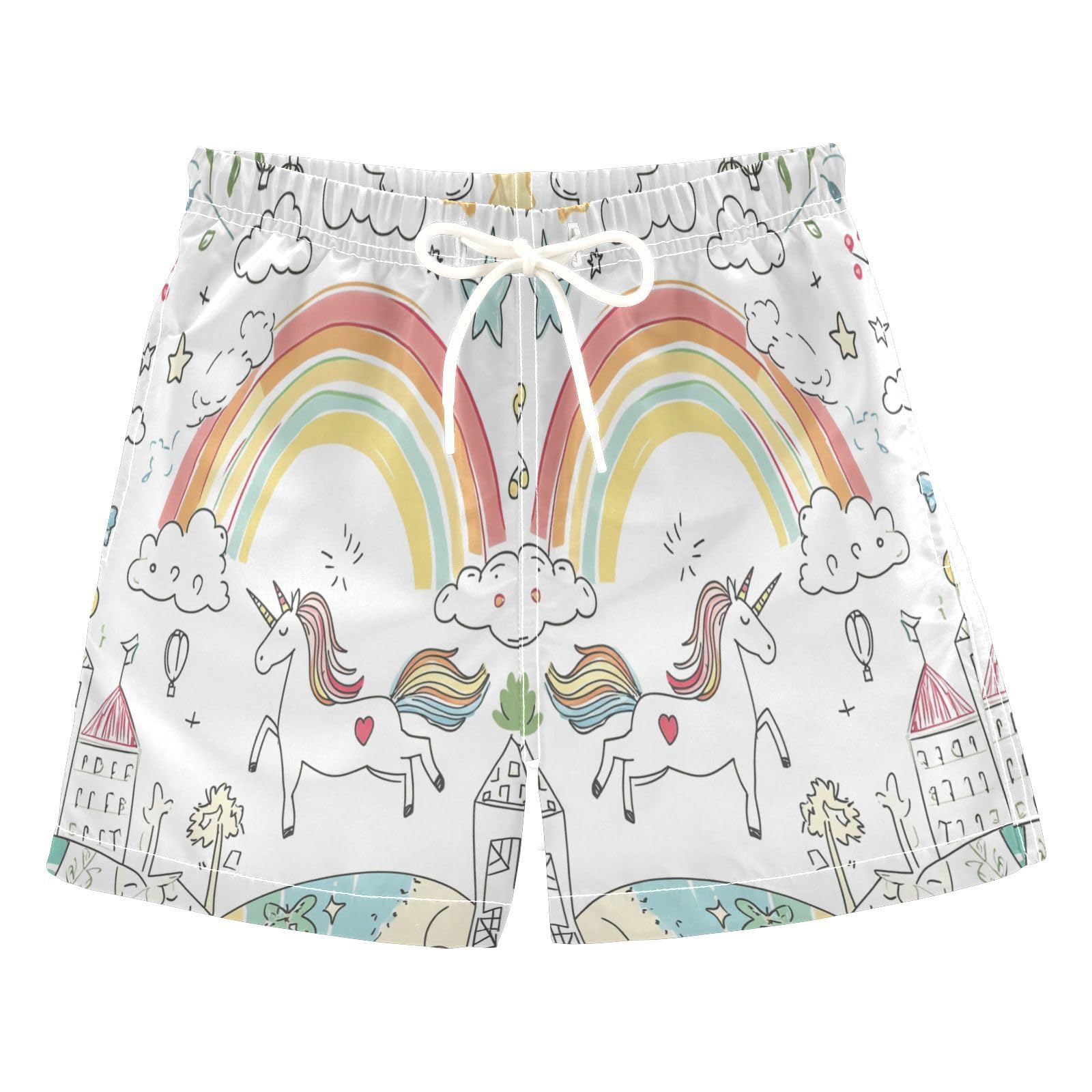 Jucciaco Boys Swim Trunk Hand Draw Horse Rainbow Beach Board Shorts Teen Swimwear