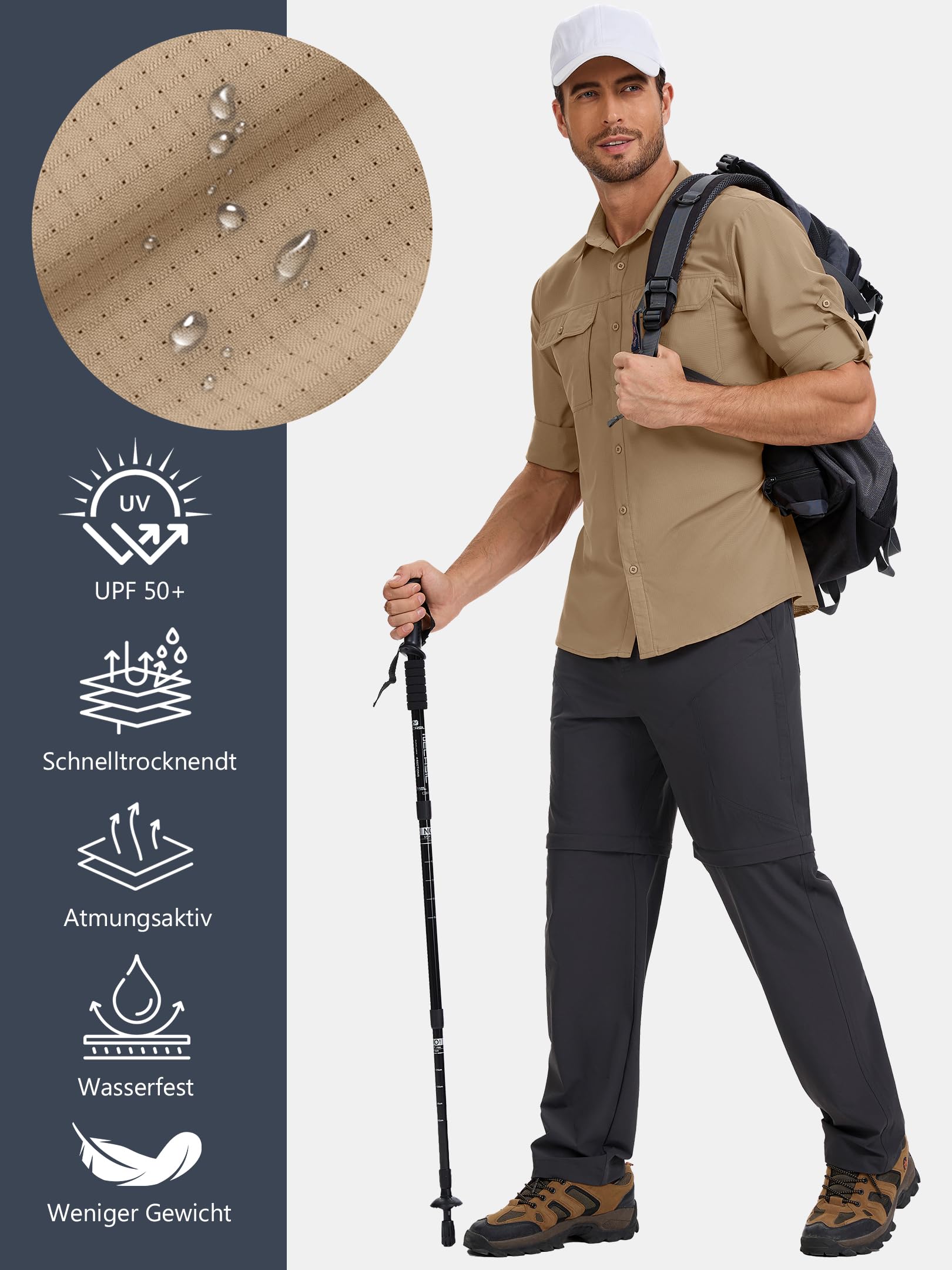 Safari Hemd Herren UPF50+ UV Schutz Outdoorhemd Wanderhemd Herren Funktionshemd Atmungsaktiv Schnelltrocknend Freizeithemd Button-Down-Hemden