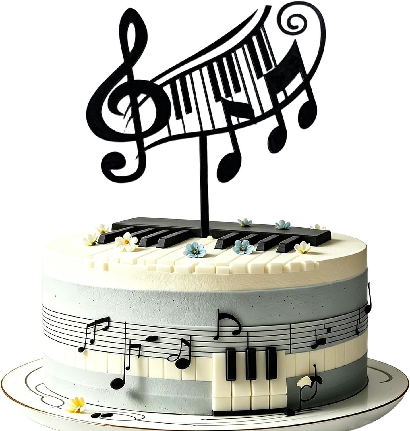 Black Mirror Acrylic Musical Note Piano Cake Topper Treble Clef & Piano Keys Decor Music Theme Party Supplies for Musicians & Teachers Luxury Insert