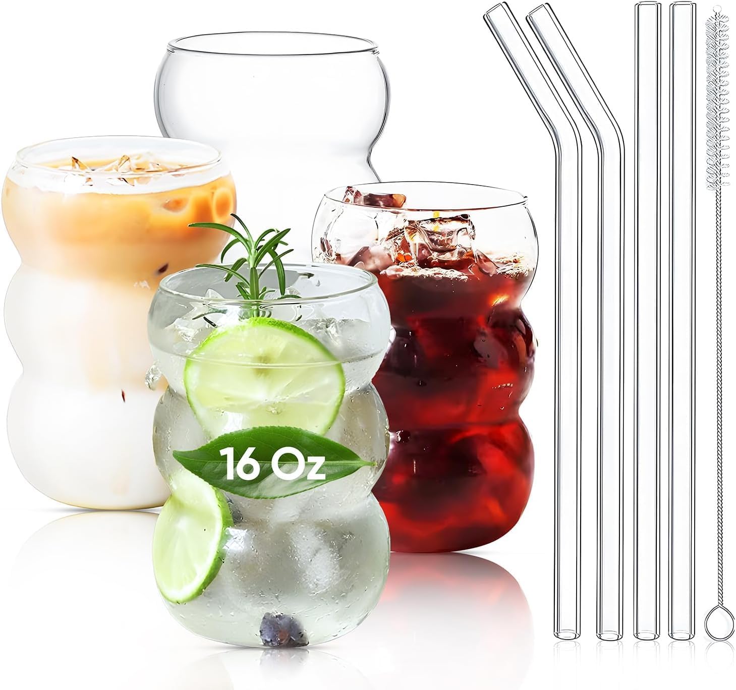 4 Pack 16 oz Ribbed Drinking Glasses with Cleaning Brush - Cute Aesthetic Cups for Coffee, Whiskey, Tea & More.