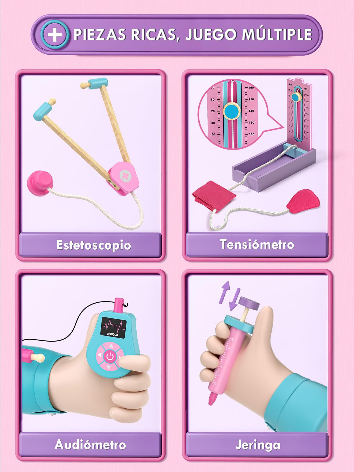 Lehoo Castle Maletin Medicos Juguete de Madera, Juguetes para Niña 3+ Años, Kit Medico Infantil, Doctora Juguetes, Regalos Niña 5 Años(Rosa)