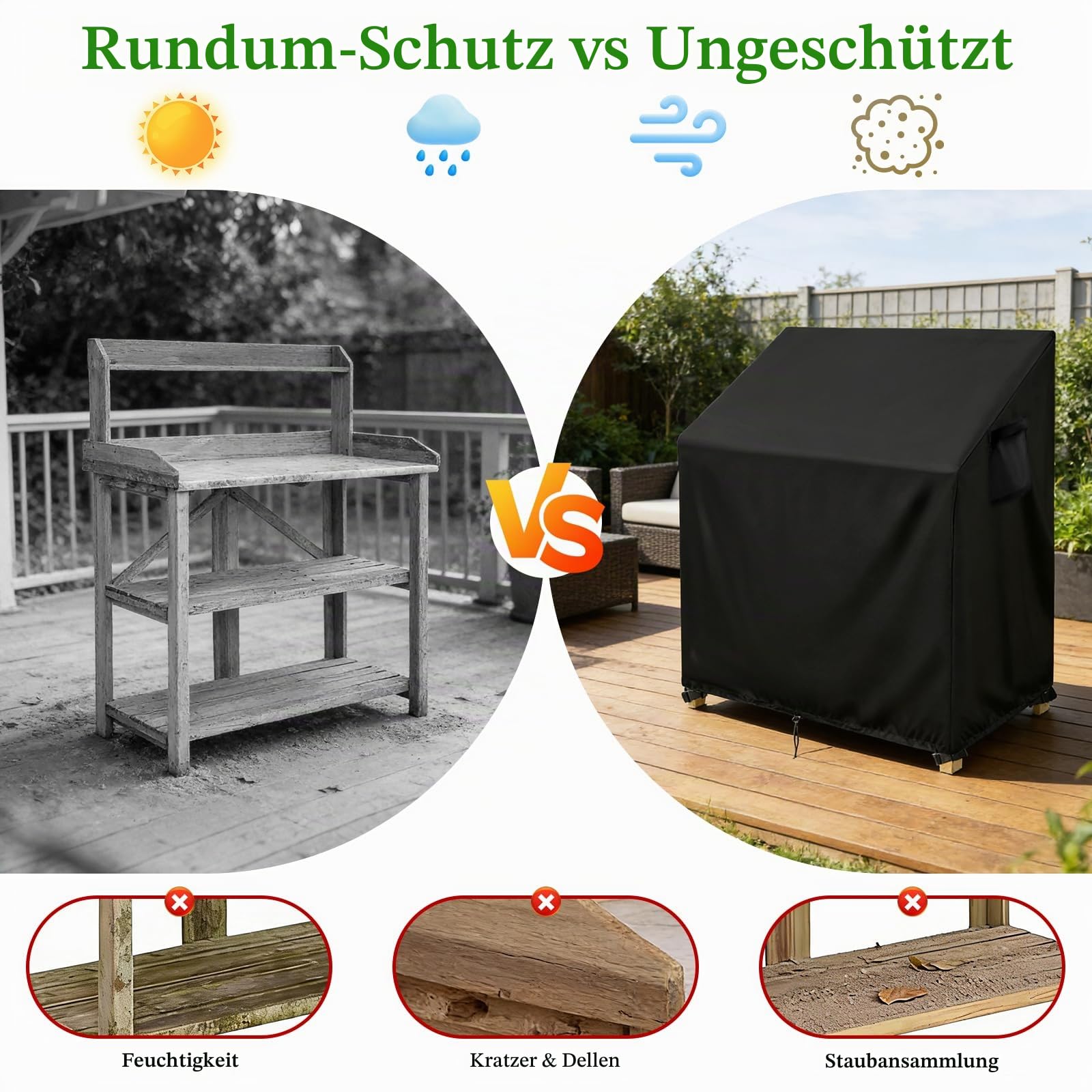 Onlyme Pflanzbankabdeckung – Wasserdichte, Staubdichte und Winddichte Abdeckung für Outdoor-Küche, Grillstation/Pflanzschuppen, Gartenarbeitstisch, 115 x 51 x 124 cm, Schwarz