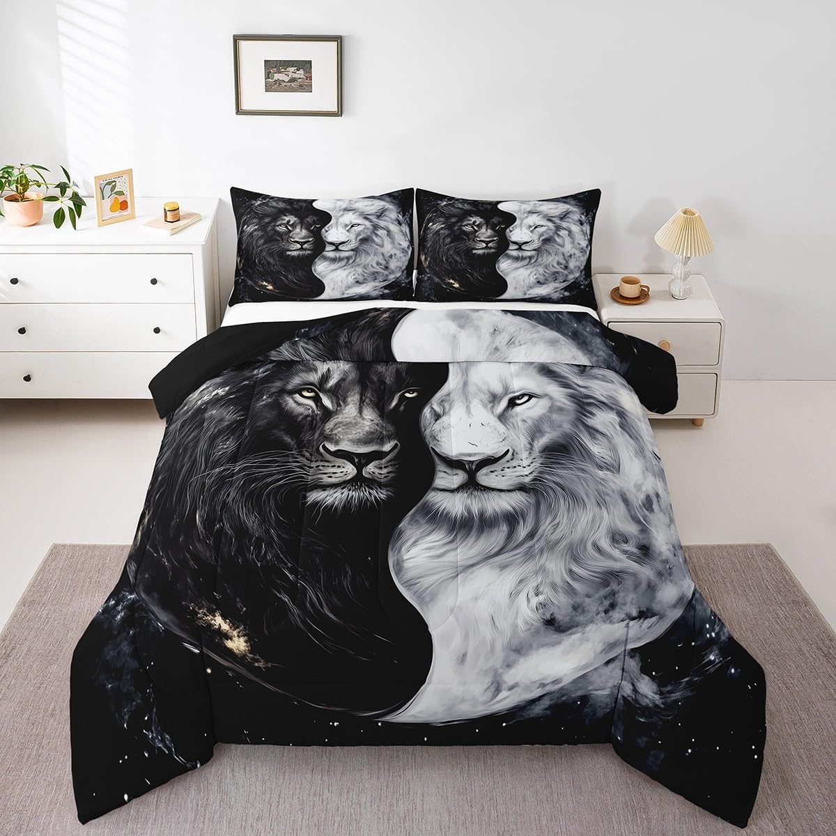 Castle Fairy Wild Lion Couple Bedding Set Queen Size Tropical African Animal Comforter for Child Toddler Teens Black and White Down Comforter Lions Wildlife Duvet Insert with 2 Pillowcases