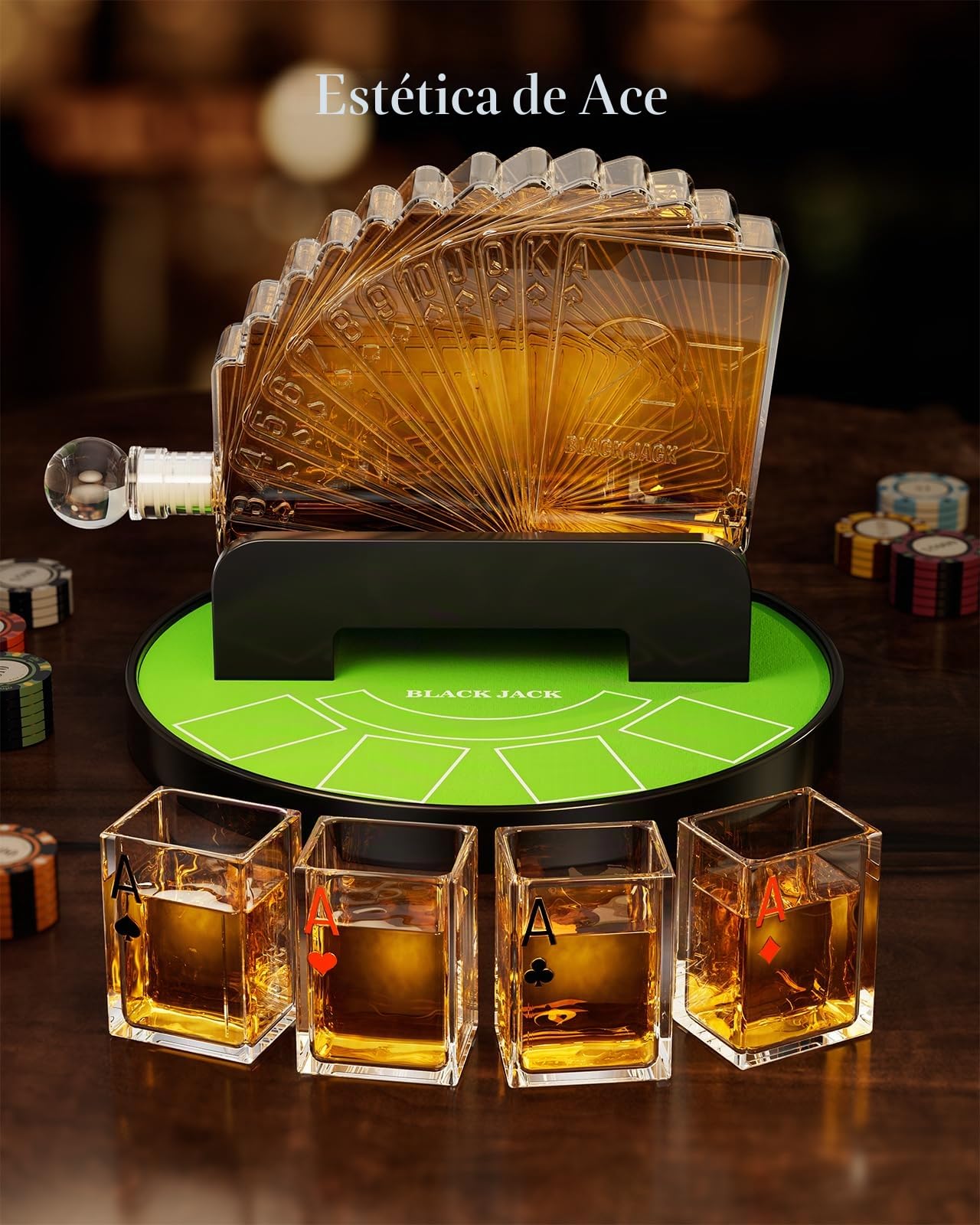 Kollea Juego de decantador de whisky Blackjack, decantador estilo casino de 38 onzas con 4 vasos, dispensador de licor, divertidos regalos de cumpleaños para hombres, papá, él, novio, artículos