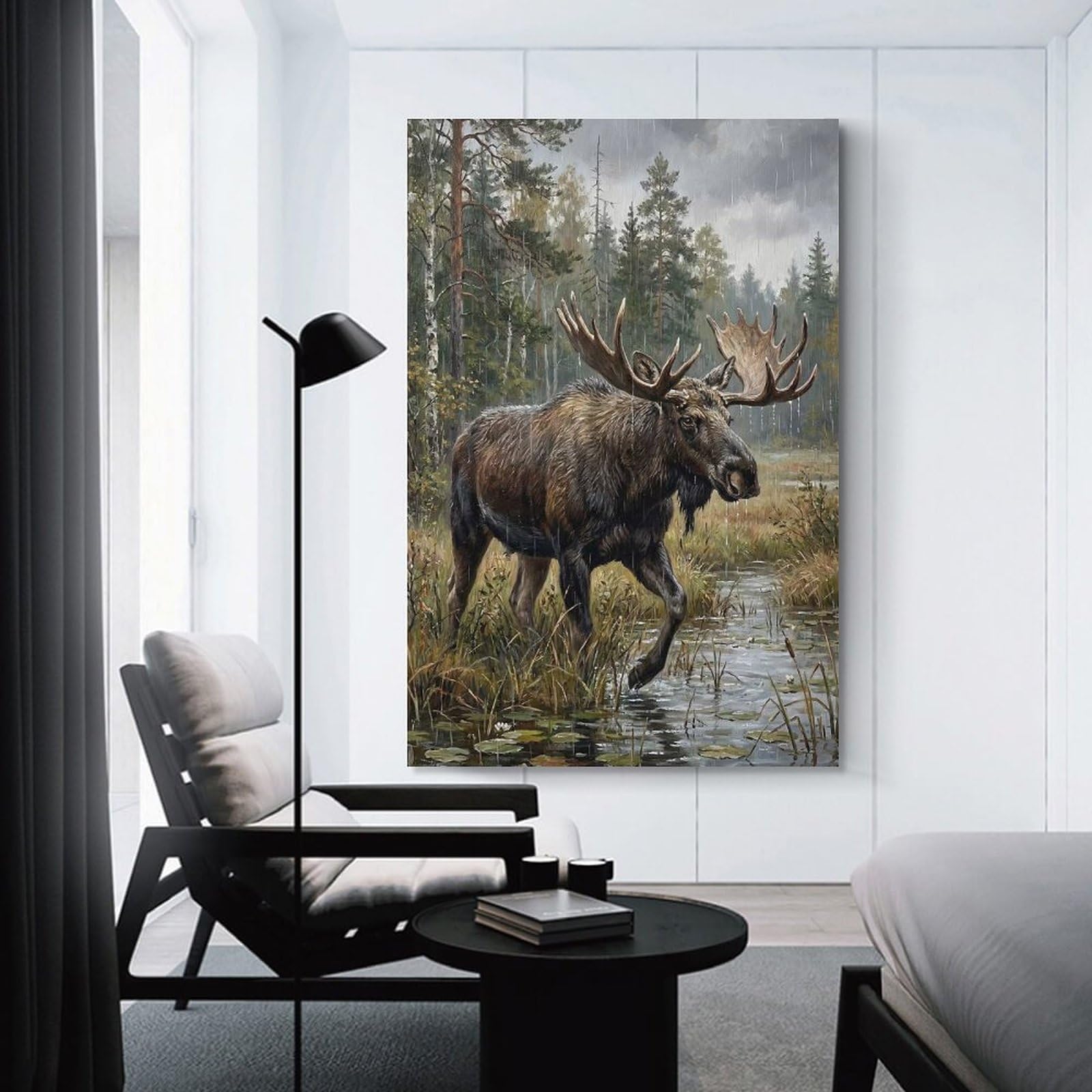 Junmoney Moose in The Rain Hanging Wall Art 16x24inch(40x60cm), for Study, Office Or Focused Interiors, Wall Art That Adds Style to Work Areas