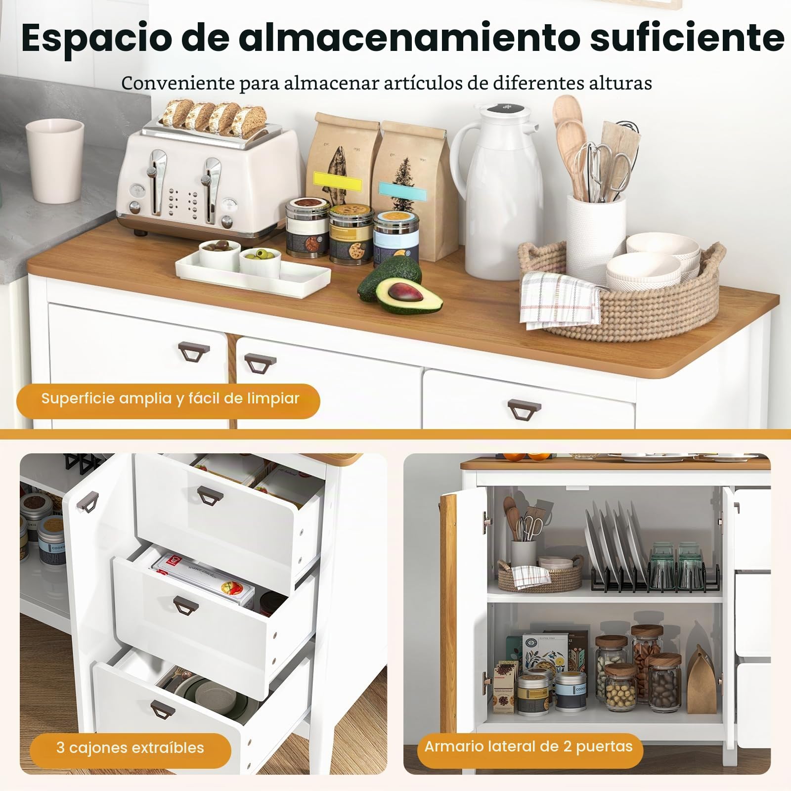GIANTEX Aparador de Cocina de Madera, Armario de Almacenamiento con Estante Ajustable y 3 Cajones, Mueble Auxiliar con Kit Antivuelco y 2 Puertas, para Comedor, Salón, Natural+Blanco