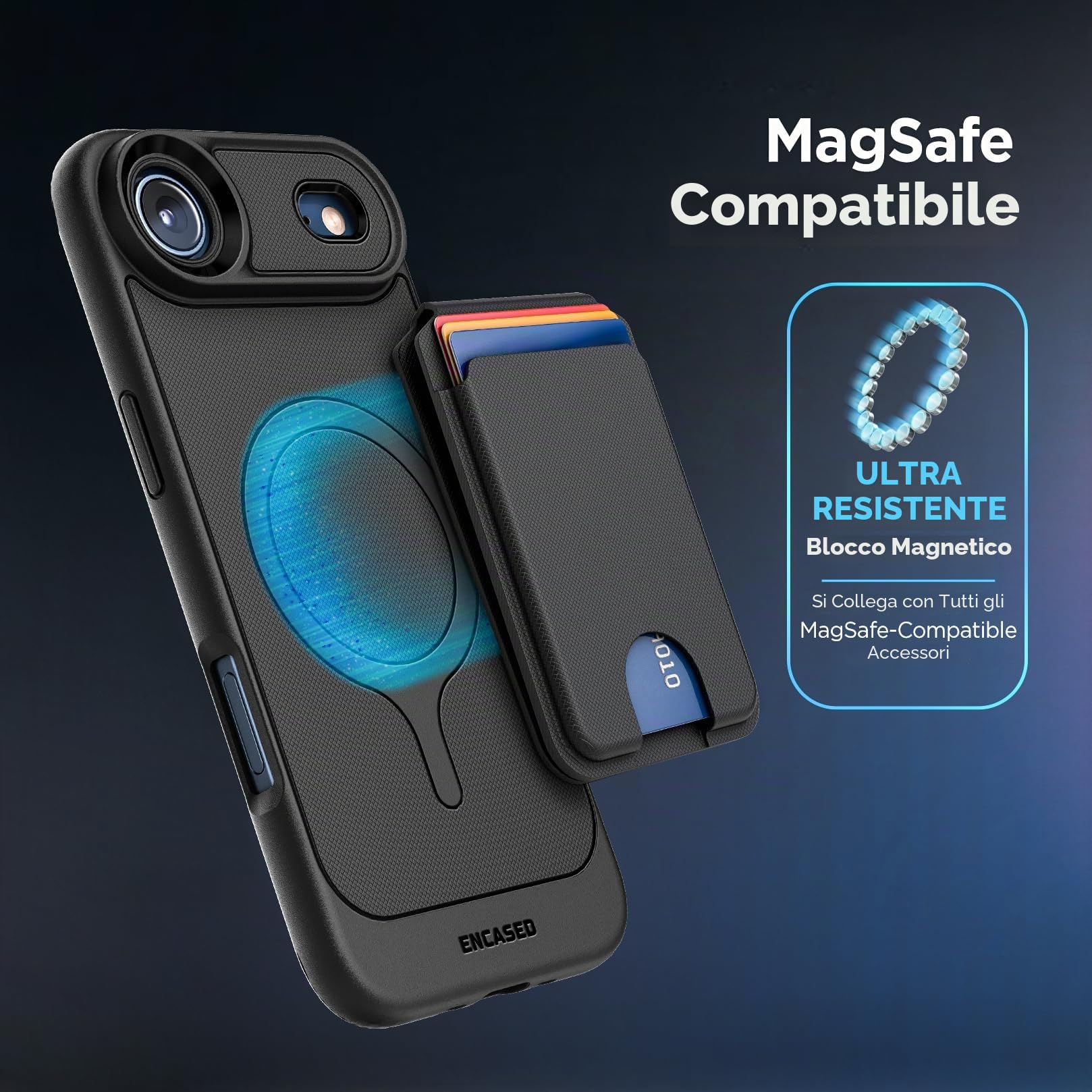ENCASED per iPhone 17 Air Cover Portafoglio con Portacarte Magnetico Rimovibile e Supporto (Compatibile MagSafe) Nero