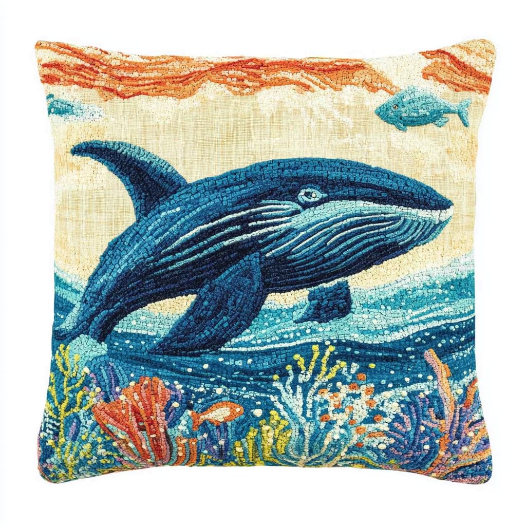 XDEGHUANGSS Latch Hook Rug Kits for Adults,Animal Whale Rug Making Latch Hooking Kit Latch Hook Cushion Kits,Needlework Cushion Cover Hand Craft Crochet for Family 43x43cm
