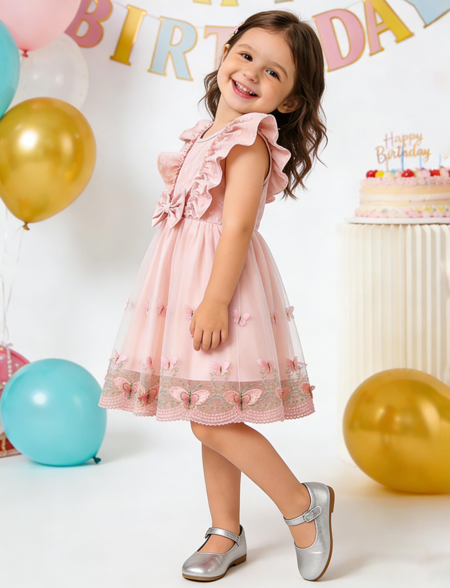 Happy Cherry Robe en Tulle pour Bébé Fille Robes de Princesse Festive avec Manches à Ailes Broderie Papillon 3D Vetement d'été pour Enfant 9 Mois à 3 Ans