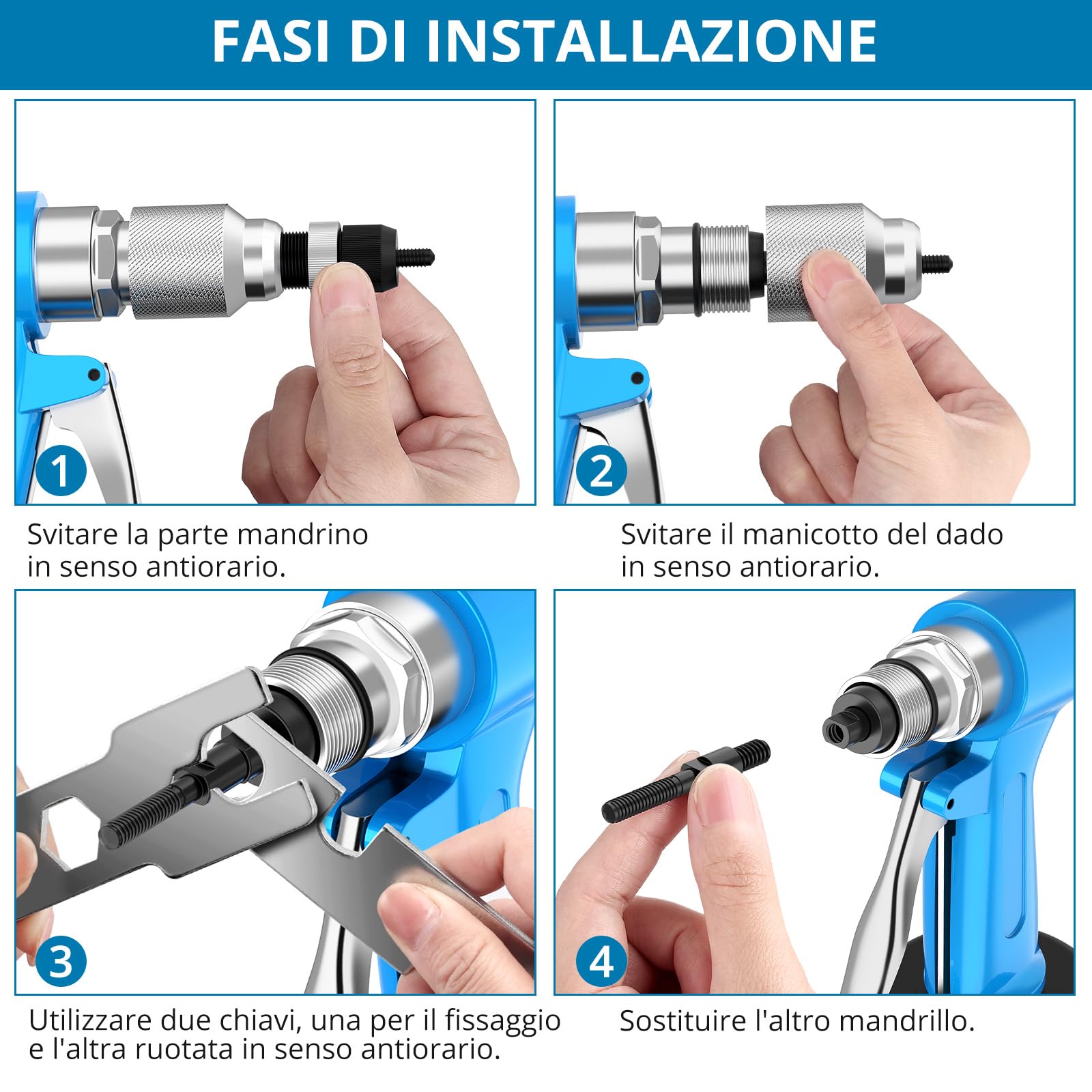 AUTOUTLET Kit Rivettatrice ad Aria con M4 M5 M6 M8 M10 Mandrini e 100 Pezzi Dadi per Rivetti,Rivettatrice Professionale ad Aria Compressa per Lamiere di Alluminio, Ferro, Acciaio Inox