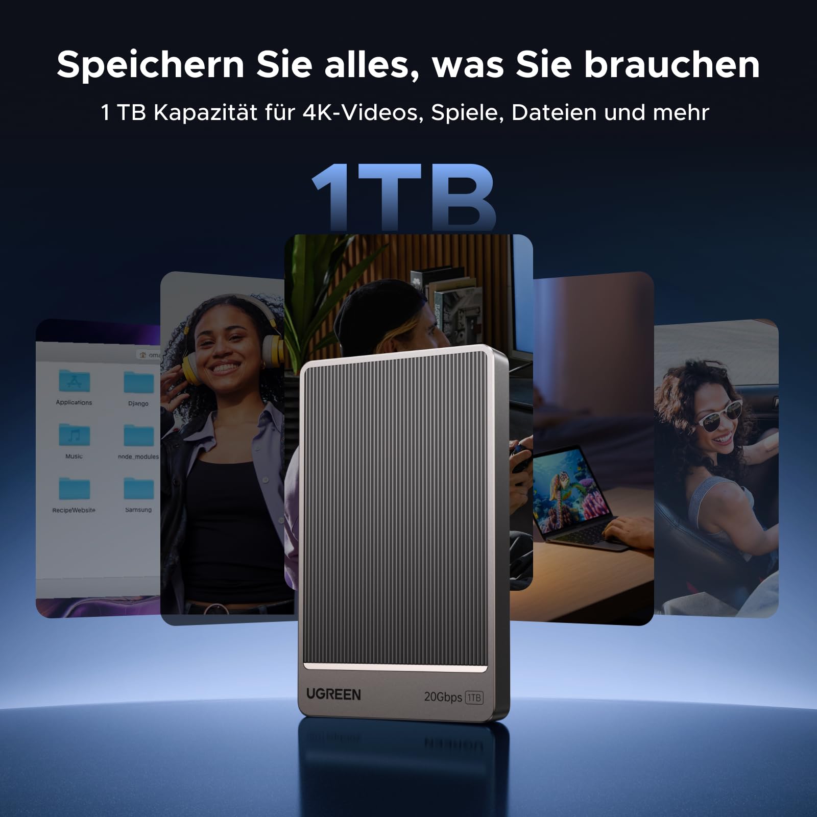 UGREEN Extreme Portable SSD 1 TB, 2.000 MB/s Lesen, 2.000 MB/s Schreiben, USB 3.2 Gen.2x2, Externe Festplatte für Mac, PC, Smartphone, Kamera und MU-PG1T0B/EU
