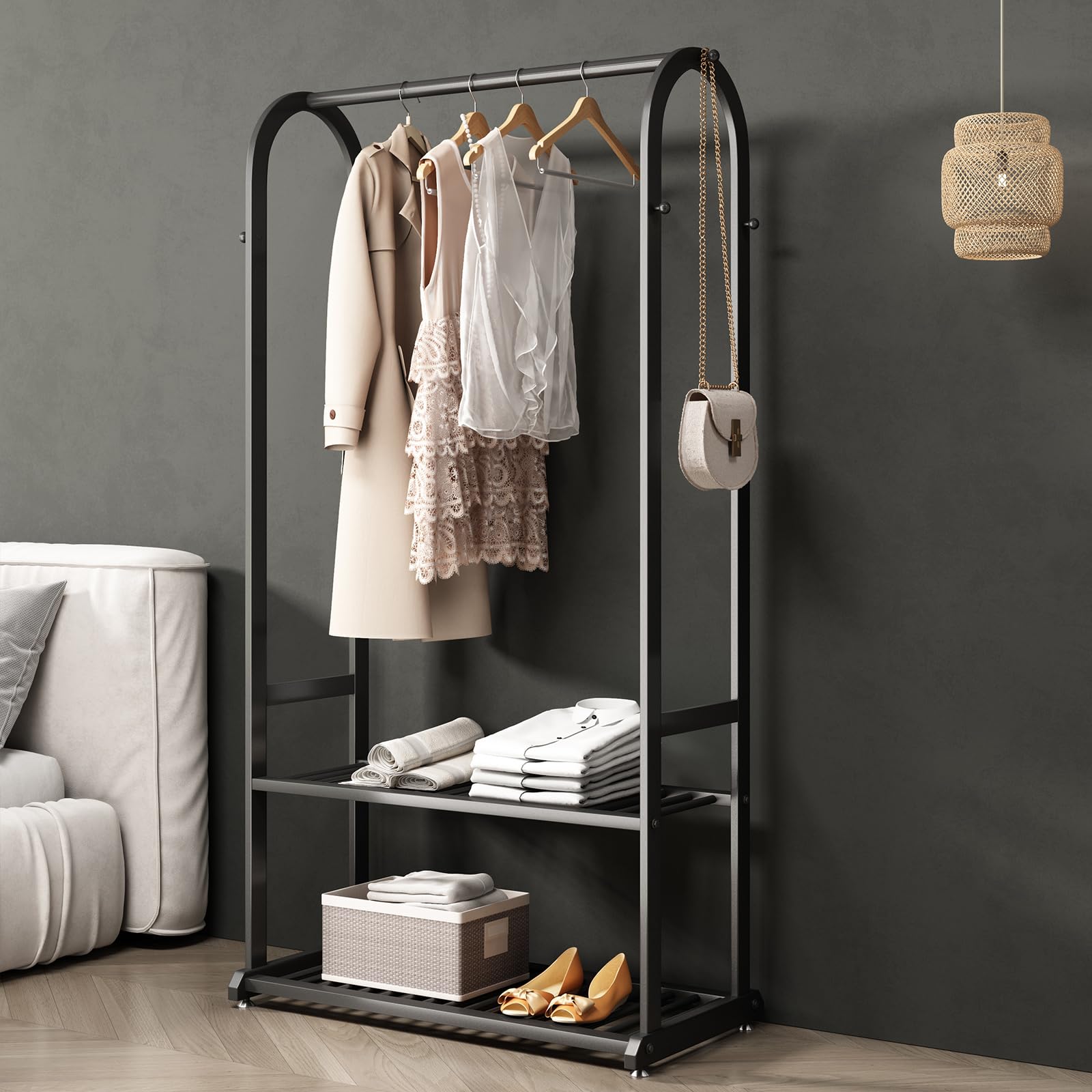 BUZUEY Freestanding Clothing Rack,Metal Garment Rack with Bottom Shelves and 6 Side Hooks,Black sturdy clothes racks for hanging clothes,Modern