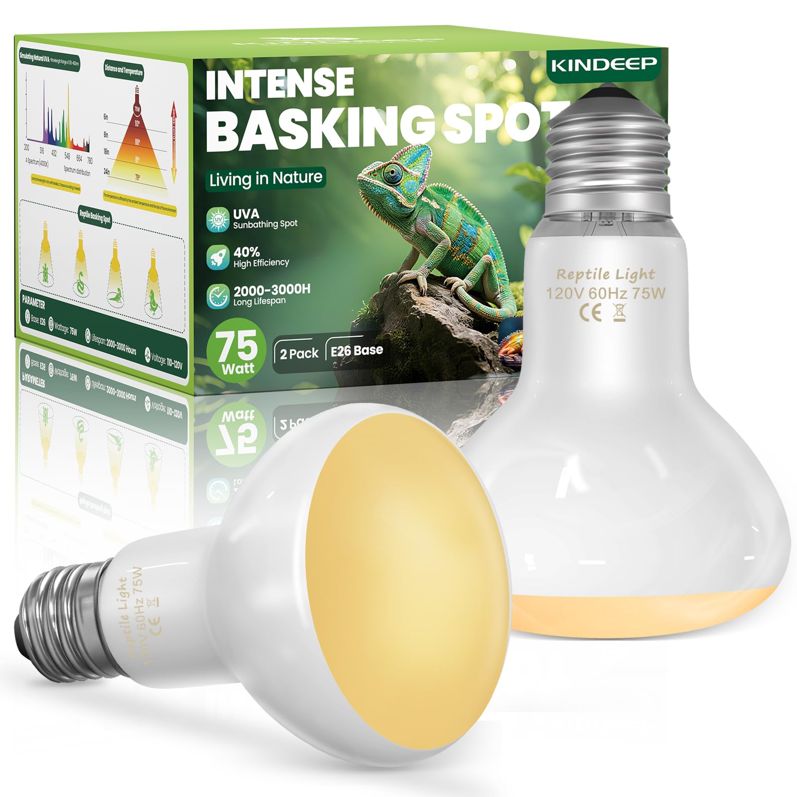 KINDEEP Reptile Basking Light Bulb: 75W Reptile Heat Lamp 2 Pack UVA Daylight Basking Bulb for Amphibian Bearded Dragon Lizard Tortoise Turtle Snake Chicken Pets Heating