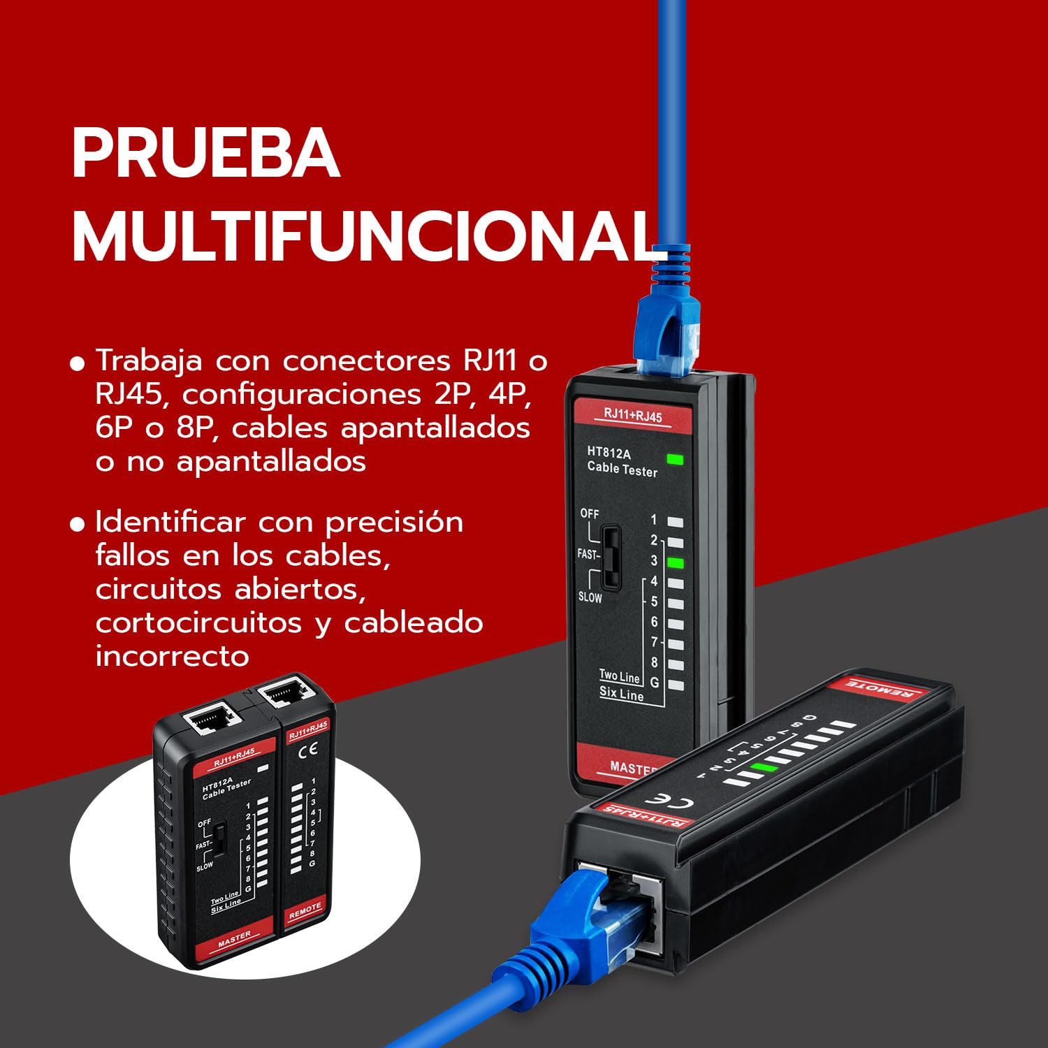 Mcbazel Tester para Cables de Red RJ11 RJ45, Comprobador de Cable de LAN, Comprobador de Cable Telefónico, Cable de Conexión para CAT6A, CAT6, CAT5E, CAT5