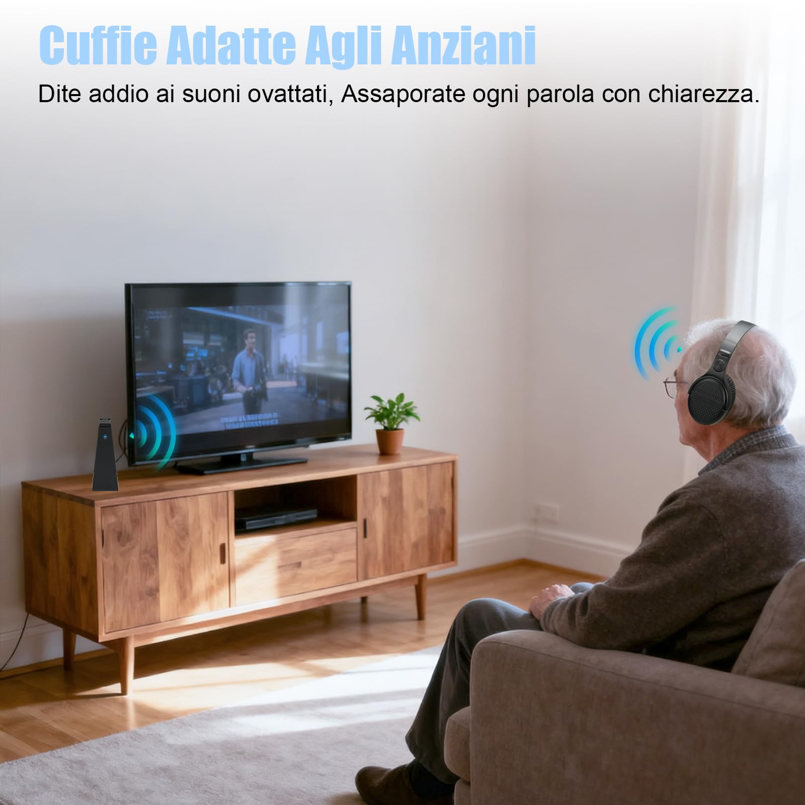 Cuffie per Anziani con Pulsanti Grandi, Cuffie TV Senza Fili con Stazione di Ricarica Trasmettitore 2.4G, Auricolari Bluetooth 5.3, Comodo e Facile da Usare per Gli Anziani, Qualità Audio Hi-Fi, Nero
