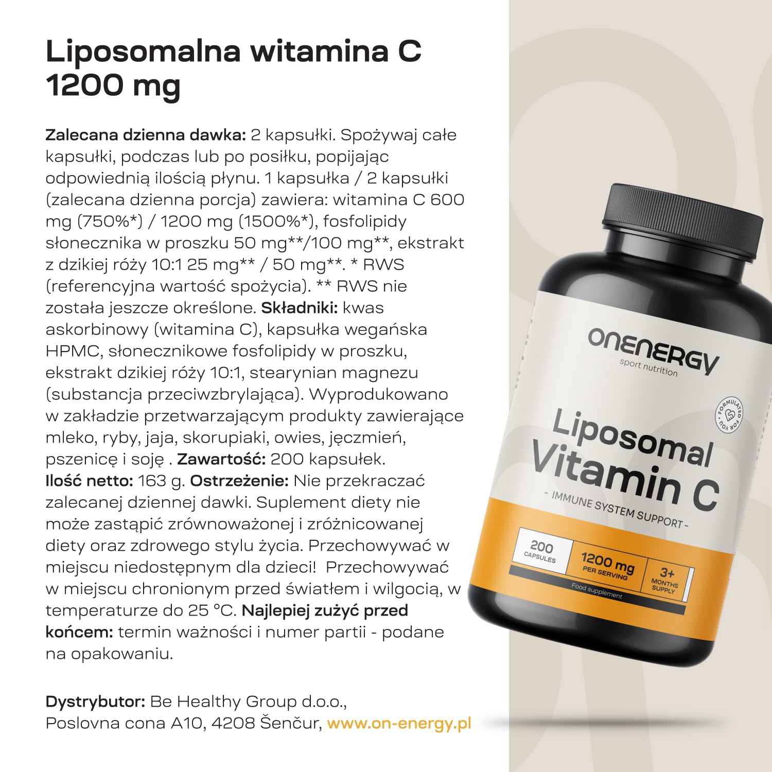 Liposomalna witamina C 1200 mg - 200 kapsułek - Wyciąg z dzikiej róży i fosfolipidów słonecznika - Wzmocnienie układu odpornościowego - Działanie przeciwutleniające - Zwiększenie energii