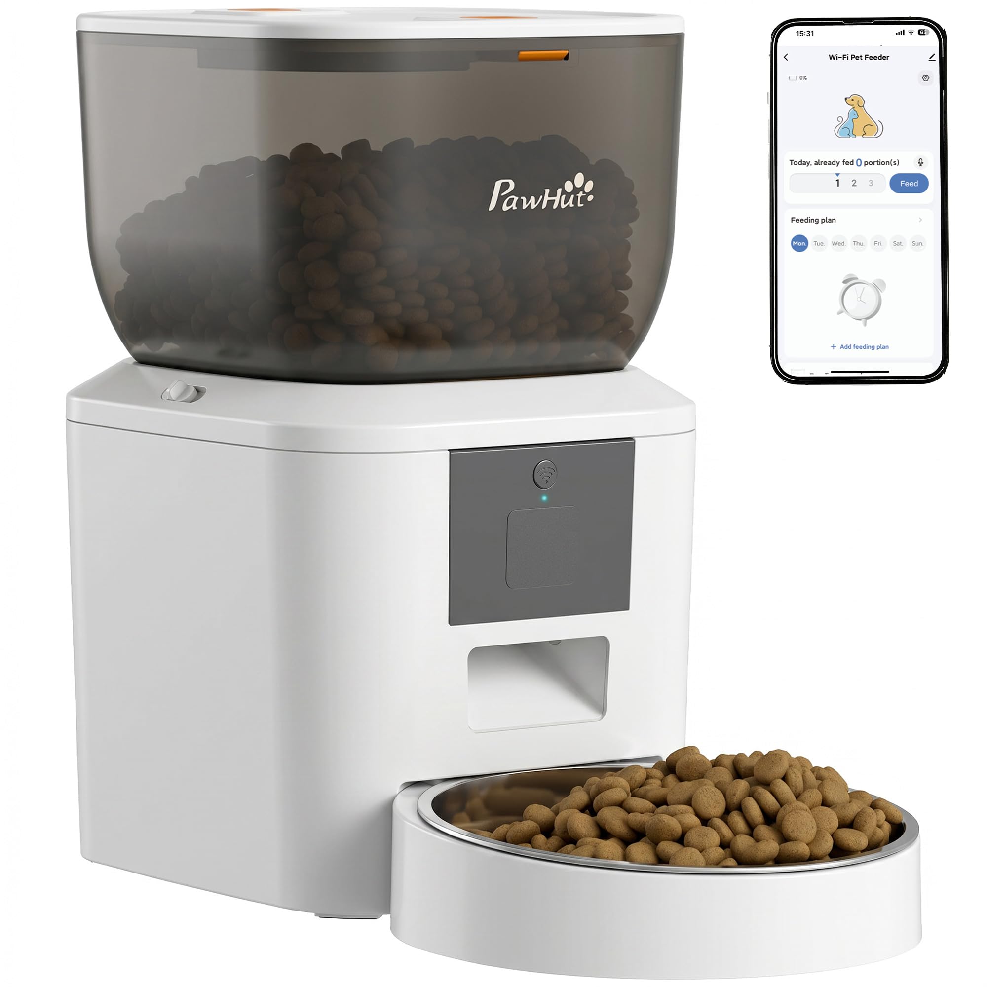 PawHut Distributore Automatico Cibo Gatti 4L WiFi 2.4G Erogatore Bianco | Dispenser Crocchette Gatto, App Controllo con Registratore 10s, 1-10 Pasti al Giorno, Ciotola in Acciaio Inox