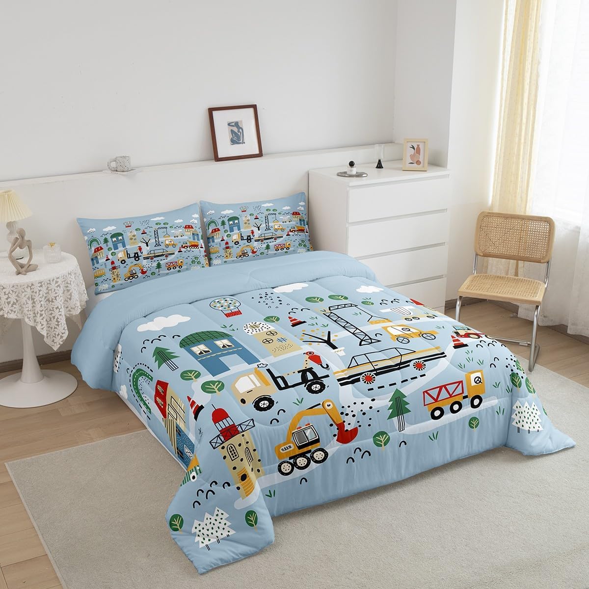 Erosebridal Boys Construction Queen Comforter Set 3-Pieces, Orange Red Cartoon Car Bedding Set for Kids Bedroom Decor, Excavator Tractor Machinery Trucks Down Comforter, Reversible, for All Seasons