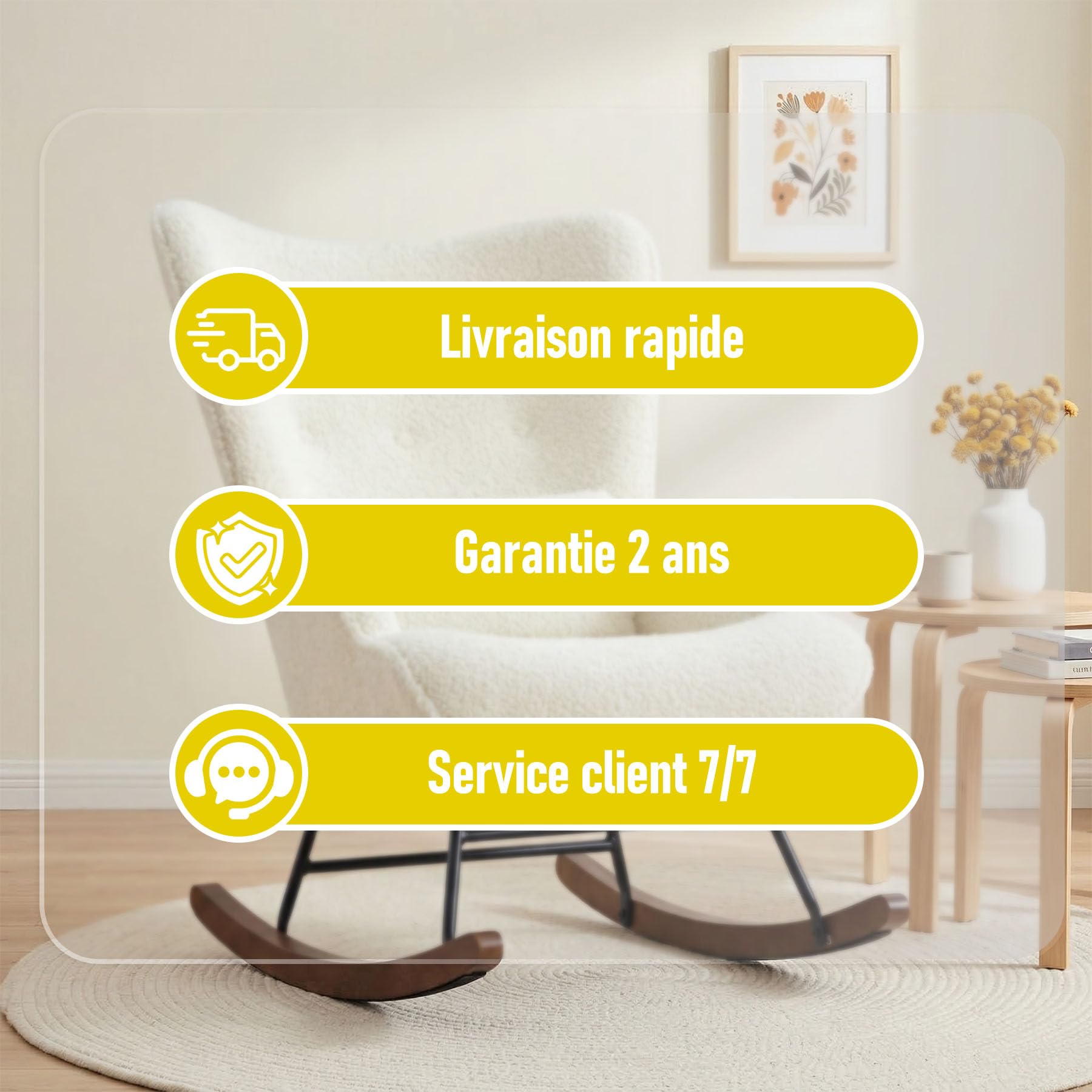 Rocking Chair Confortable en Velours Rembourré avec Support Lombaire, Fauteuil à Bascule Allaitement Scandinave, Chaise à Bascule pour Salon, Chambre, Balcon, Chambre Bébé, Nursery – Beige