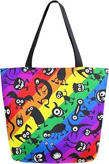 Bolsa de ombro colorida com desenho pequeno monstro extra grande de lona utilitária para academia, praia, viagens, compras, ioga, academia, alça superior