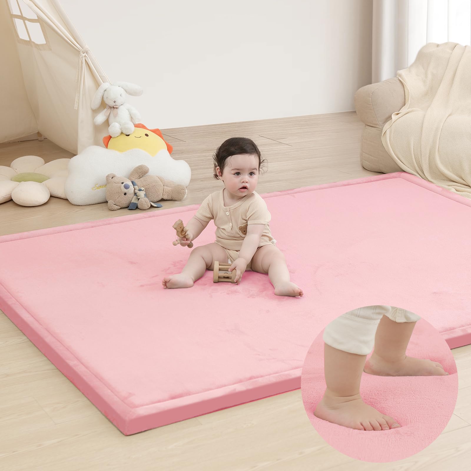 Baby Play Mat for Floor,1.3" Thick Memory Foam Tummy Time Mat for Toddlers,Infants,Kids,Soft Coral Velvet,Extra Large Non Slip for Crawling,Yoga,