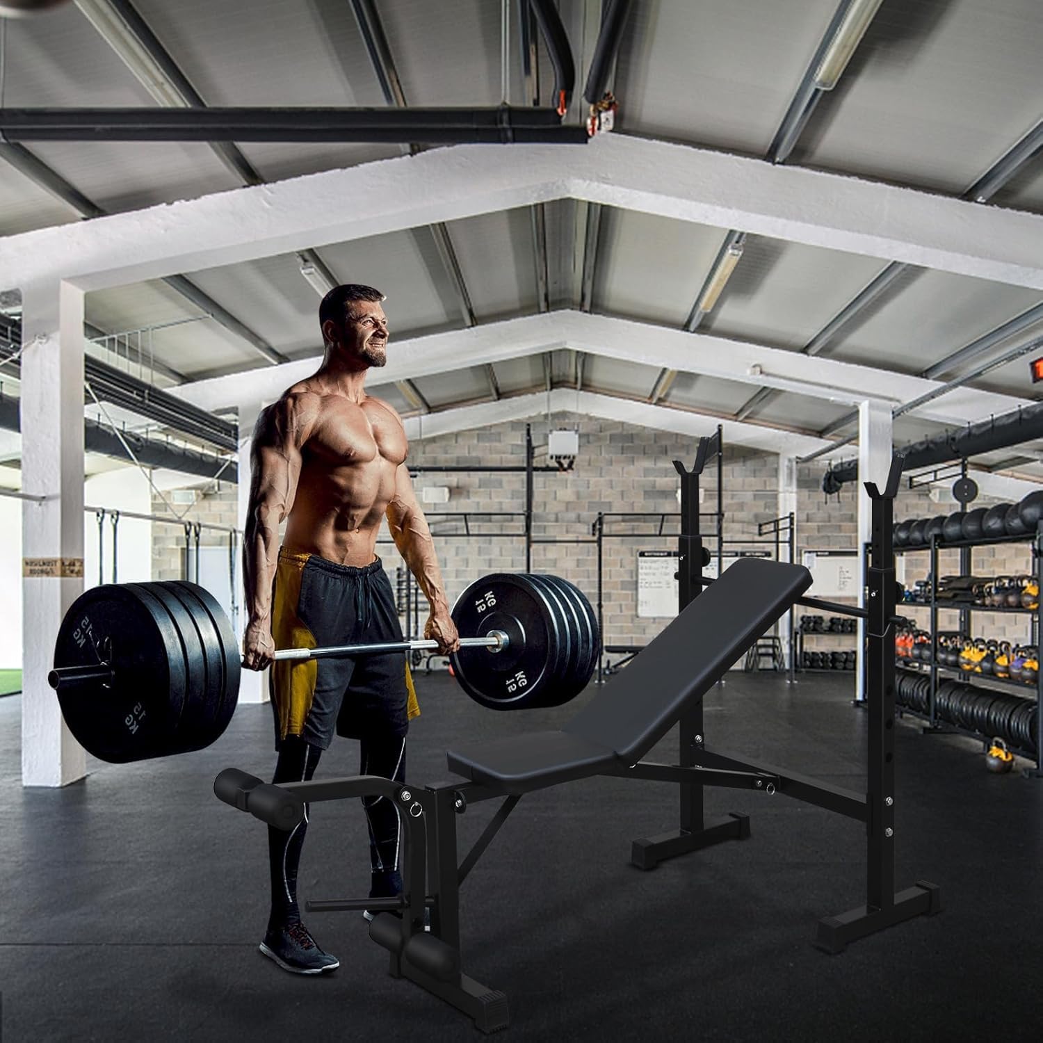 GarveeTech Banco de Pesas Ajustable 330 lb, Soporte para Barra, Respaldo Reclinable, Desarrollador de Piernas, Altura Regulable, Banco Multifuncional Plegable para Entrenamiento de Fuerza en Casa
