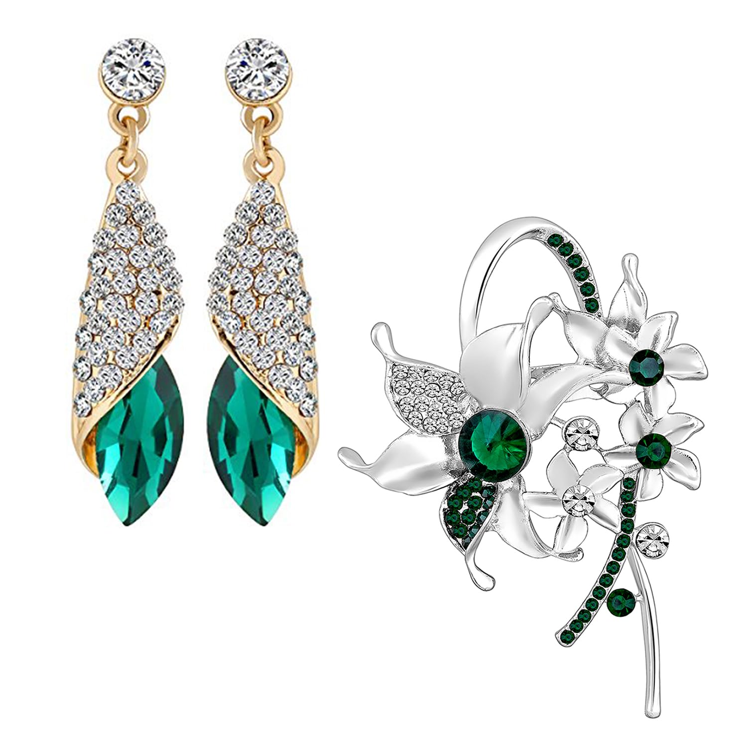 mahi Attractive Green and White Crystals Combo of Floral Saree Pin Brooch and Dangler Earring for Women (CO1105777RGre)-picture-36
