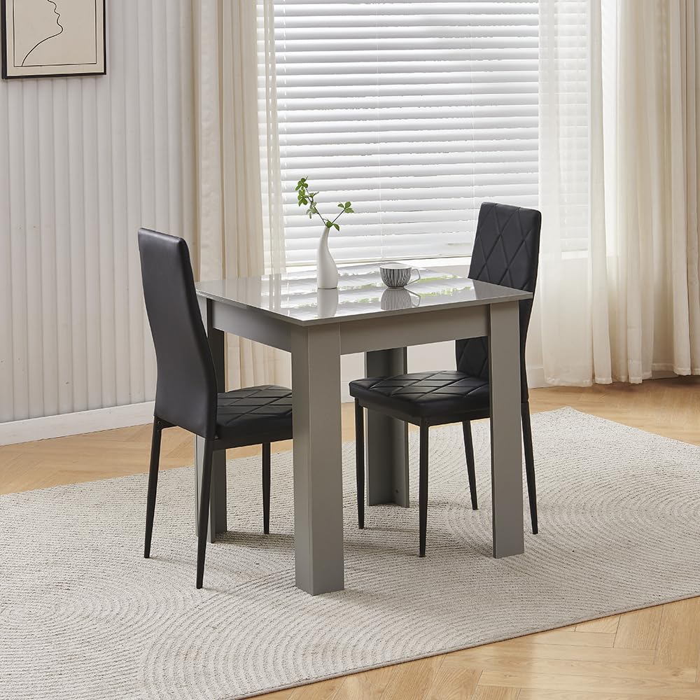 NICEME Compact Dining Table and 2 Chairs, Small Dining Room Set for 2 Seater Kitchen Table with Chairs for Small Space Saving, Glossing Tabletop 75x75 cm (Gray Table, 2 Seats, PVC Black #2)