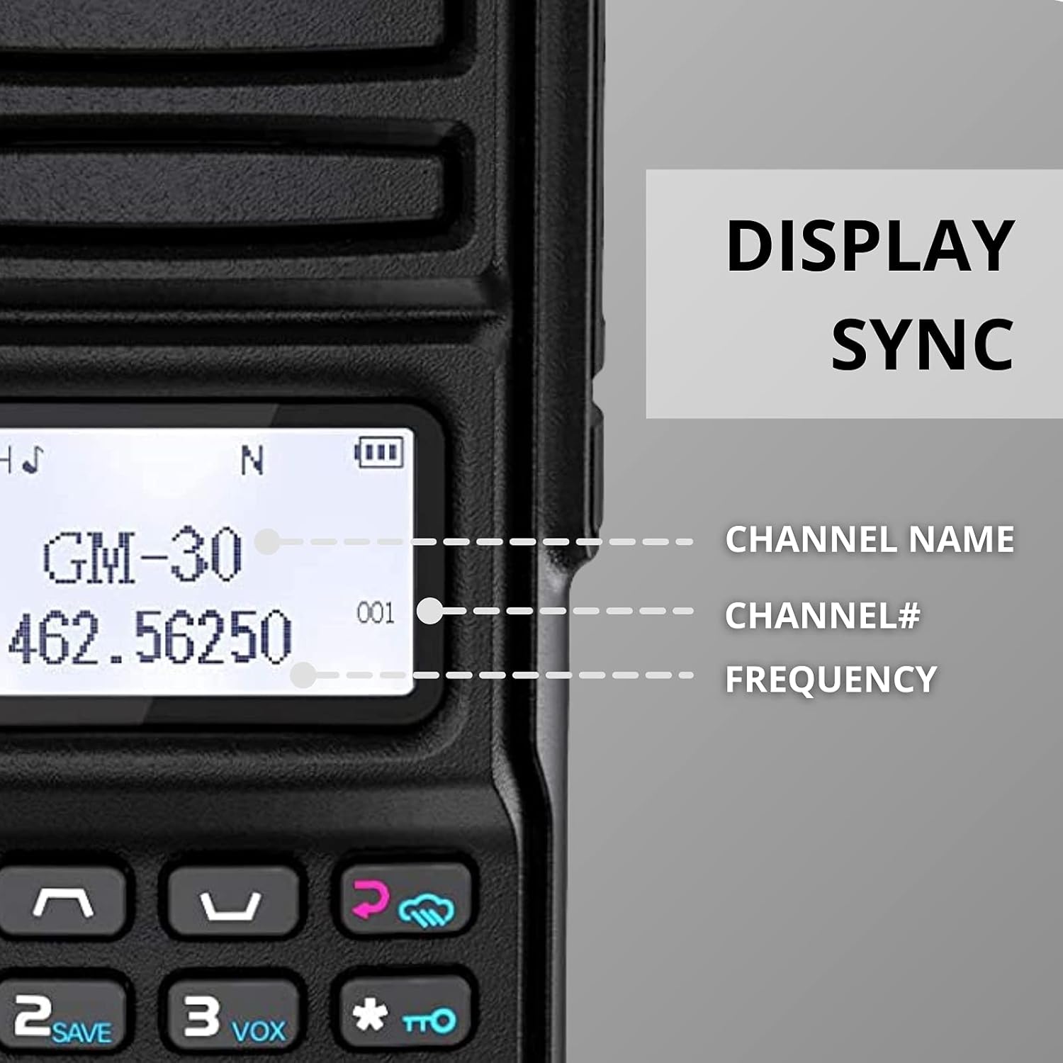 Radioddity GM-30 GMRS Radio display showing channel name, number, and frequency