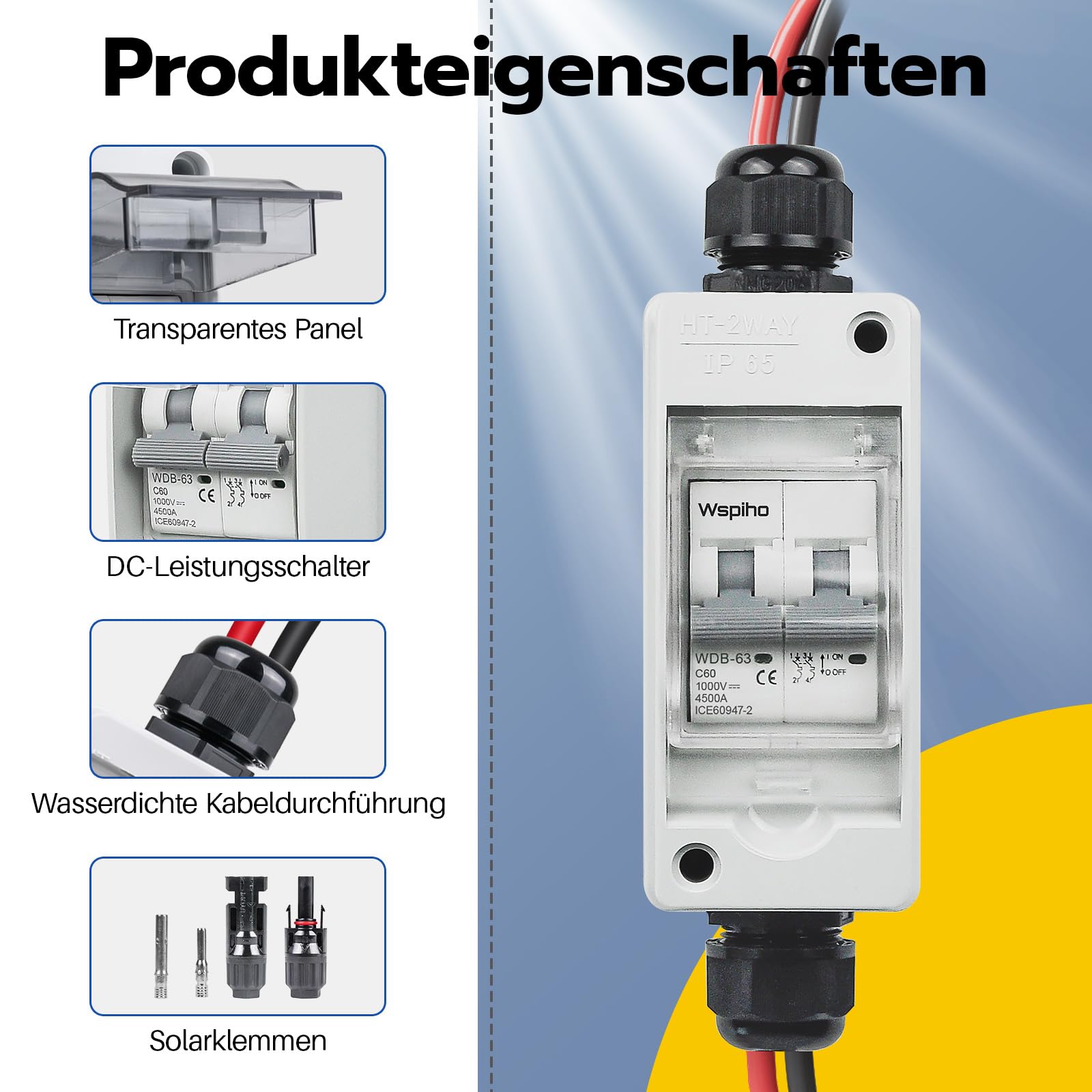 PV bezpiecznik automatyczny 2-biegunowy do instalacji PV, wodoszczelna obudowa IP65, skrzynki rozdzielcze, wyłącznik DC z kablem fotowoltaicznym (60 A, DC 1000 V)