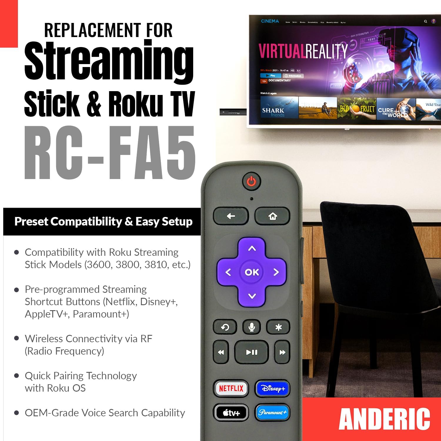 Anderic RC-GZ1 OEM Voice Replacement Remote Control for Roku Express, Premiere, Ultra, Streambar, Smart Soundbar – Voice Search, Infrared/RF Compatible, Easy Pairing, Durable Design