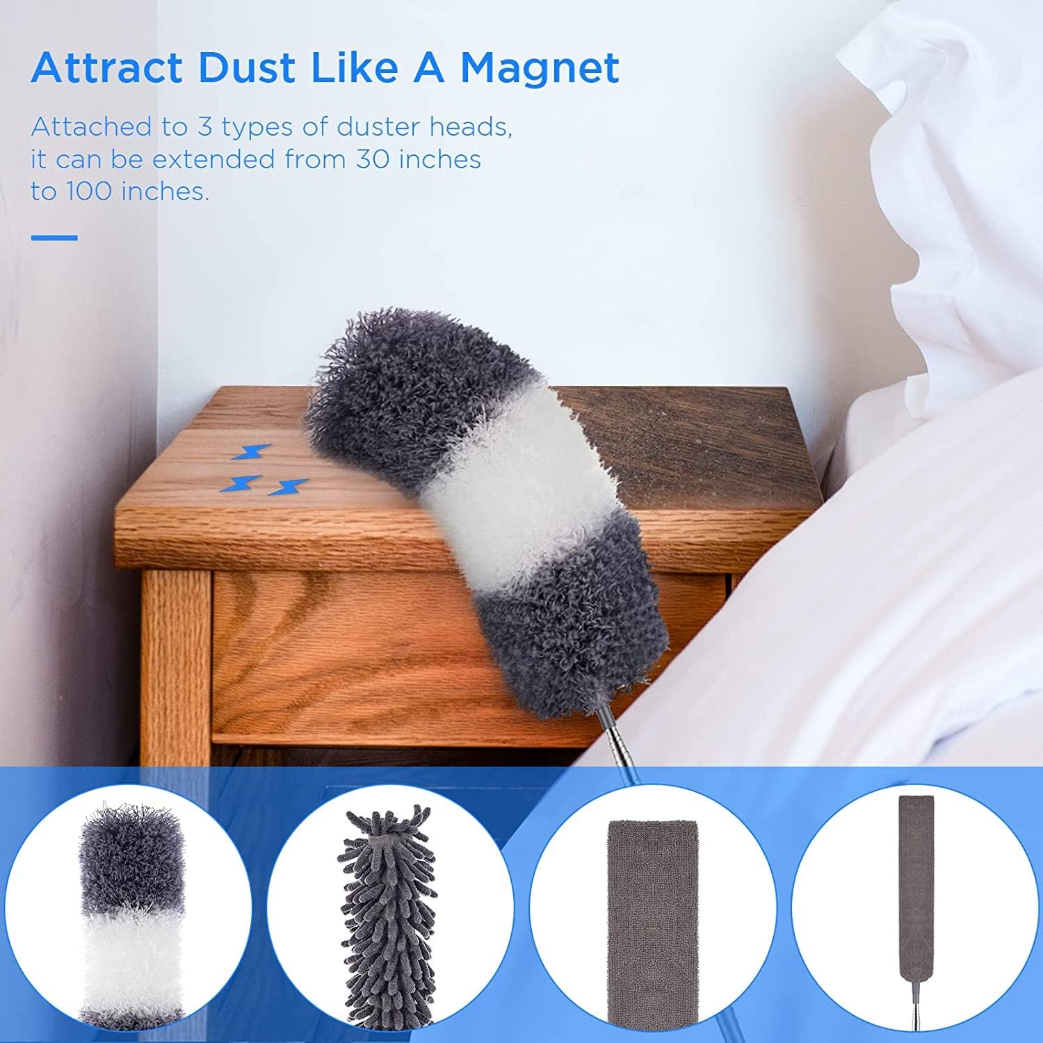 Dusters Cepillo de limpieza, limpiador retráctil de microfibra con barra de extensión, 76,2 cm a 254,4 cm, plumero plegable reutilizable, plumero para limpieza del ventilador