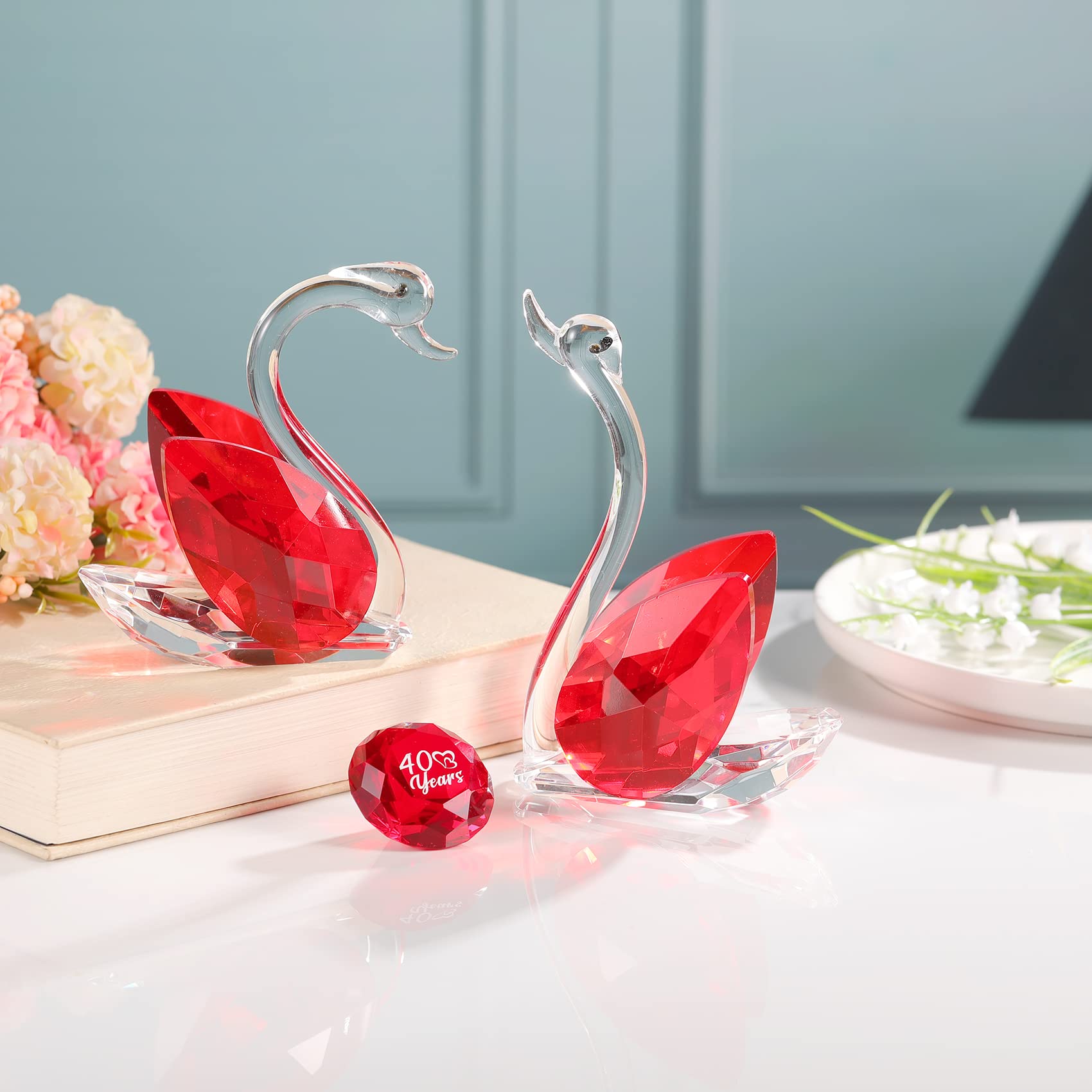 Set di 2 cigni rossi in cristallo per 40° anniversario, regali di nozze per genitori, animali in vetro, statuette da collezione per 40 anni di matrimonio, ornamento unico per la decorazione della casa