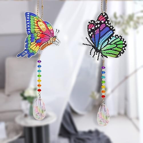 Miniatura 8 de DIY - Juego de 2 piezas de pintura de diamantes de mariposa colorida 5D para adultos, arte de diamantes de mariposa de cristal, adorno colgante para