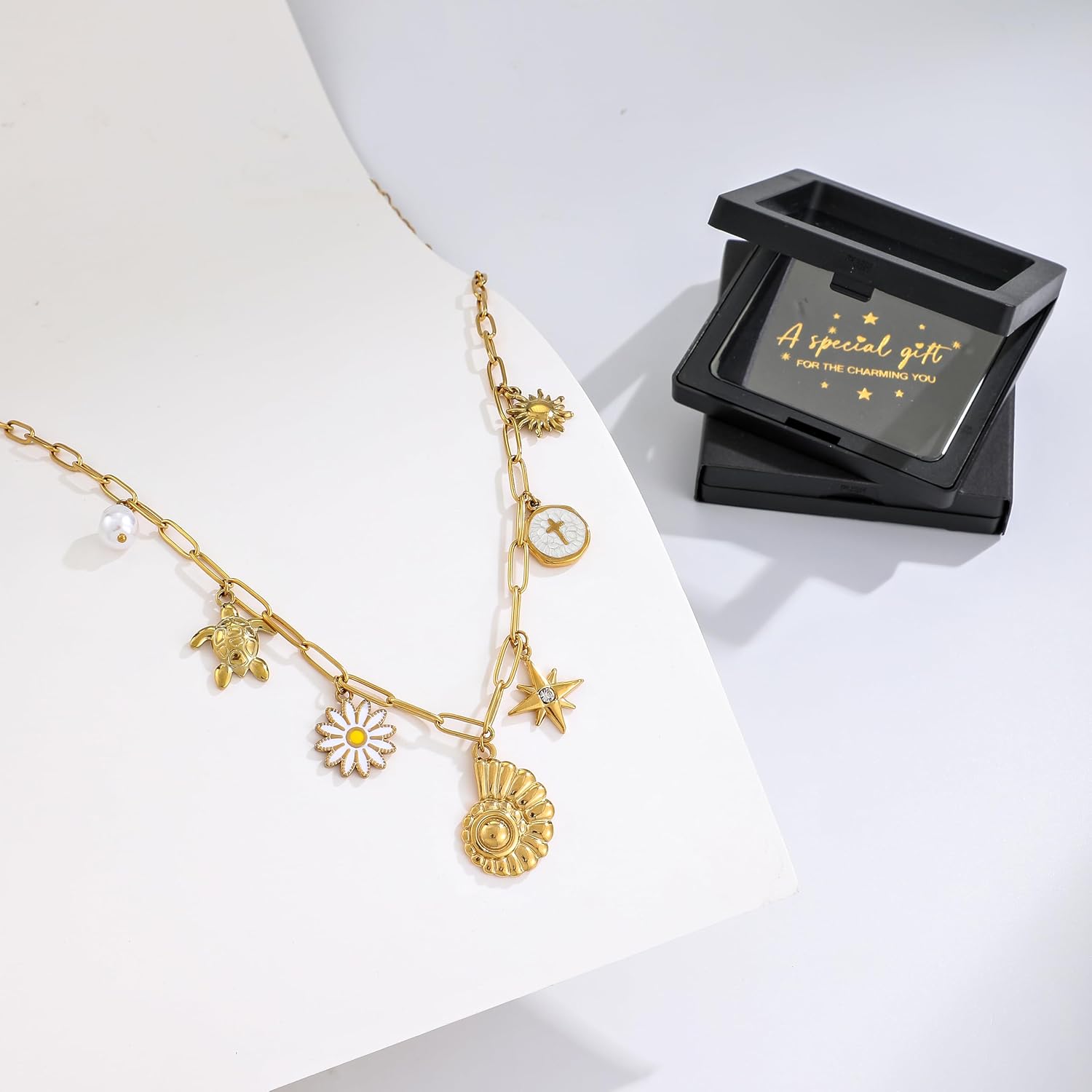 LALAPPLE Chunky Charm Necklace for Women 14K Gold Plated Stainless Steel Trendy Cute Summer Beachy Charm Pendant Hypoallergenic,Boho Summer Seashell Beach Starfish Surfer Jewelry - Image 5