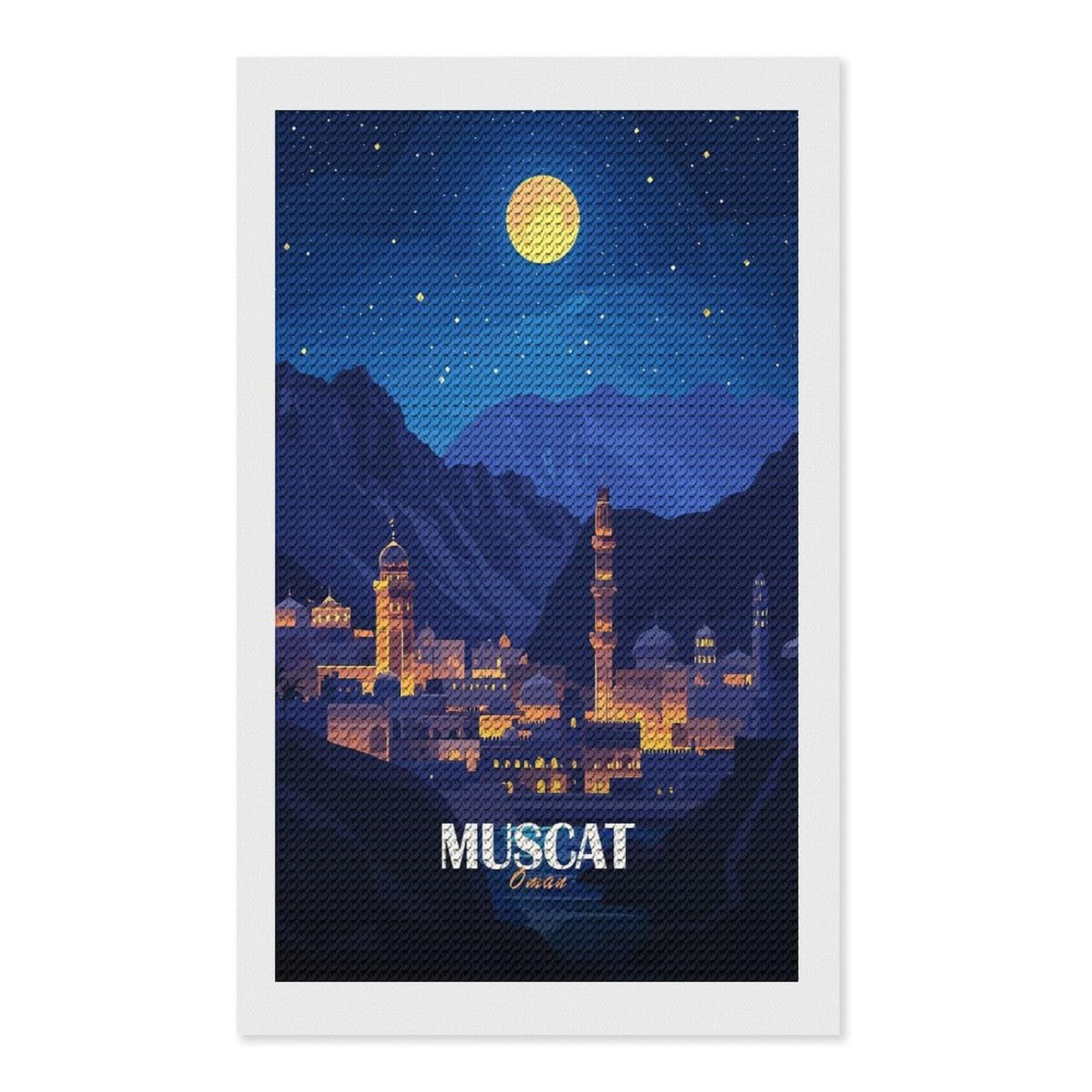 Junmoney Muscat, Oman Nightscape Illustration Diamond Painting Canvas Kit 12"x20", Adhesive Canvas, Christmas Gift, Full Kit Included, Thoughtful Present
