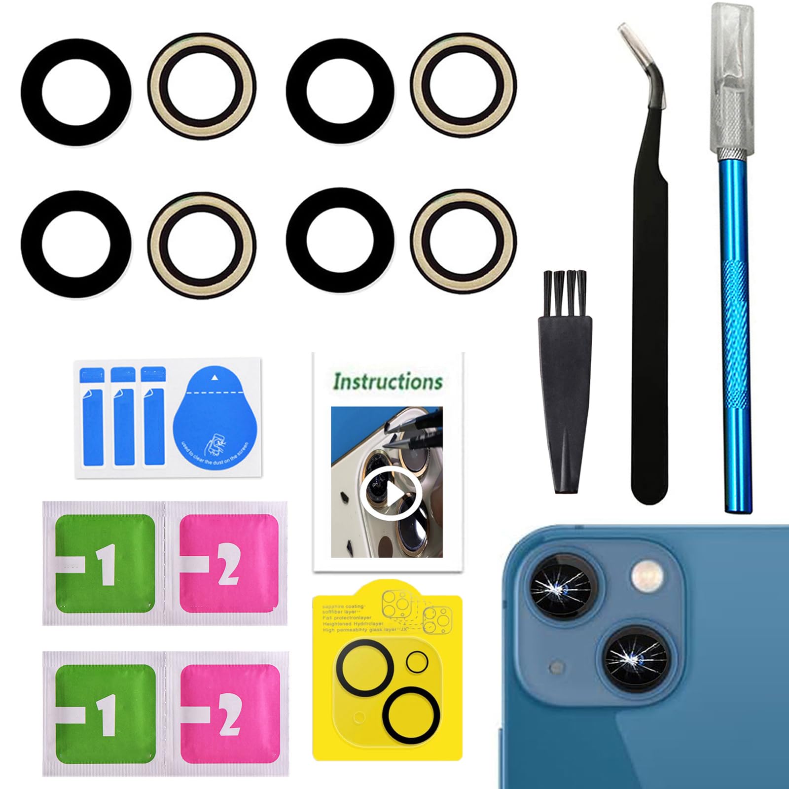 Photo 1 of 1 Set LEAFE for iPhone 14 and iPhone 14 Plus Camera Lens Replacement,OEM Original Camera Glass Lens with Pre-Installed Adhesive+Repair Tools