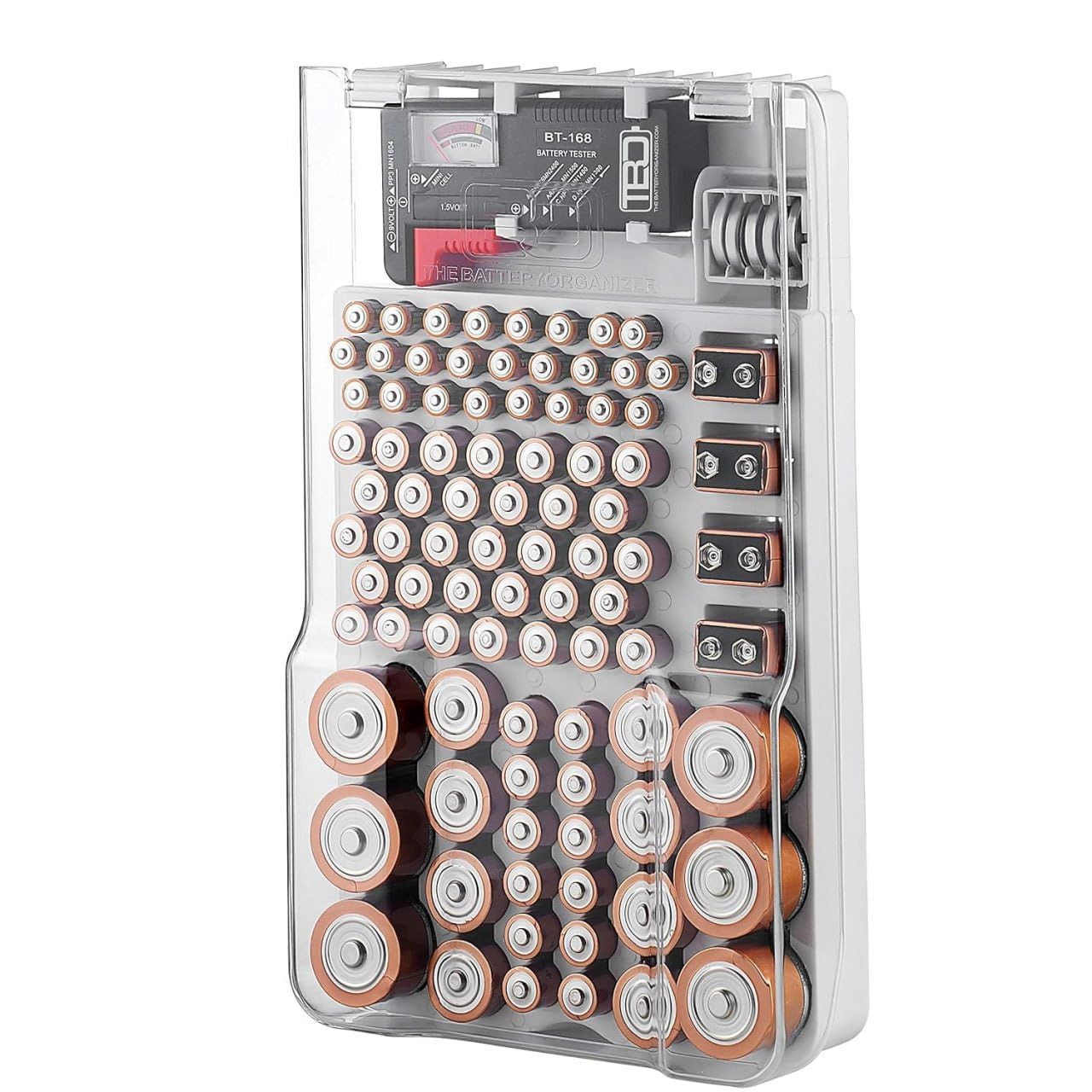 Battery Organizer Storage Case with Tester - Holds 93 Batteries for AA AAA 9V C D Button Cell Types, Transparent Hinged Box with Wall Mount Design for Home Drawer Organization-image-31